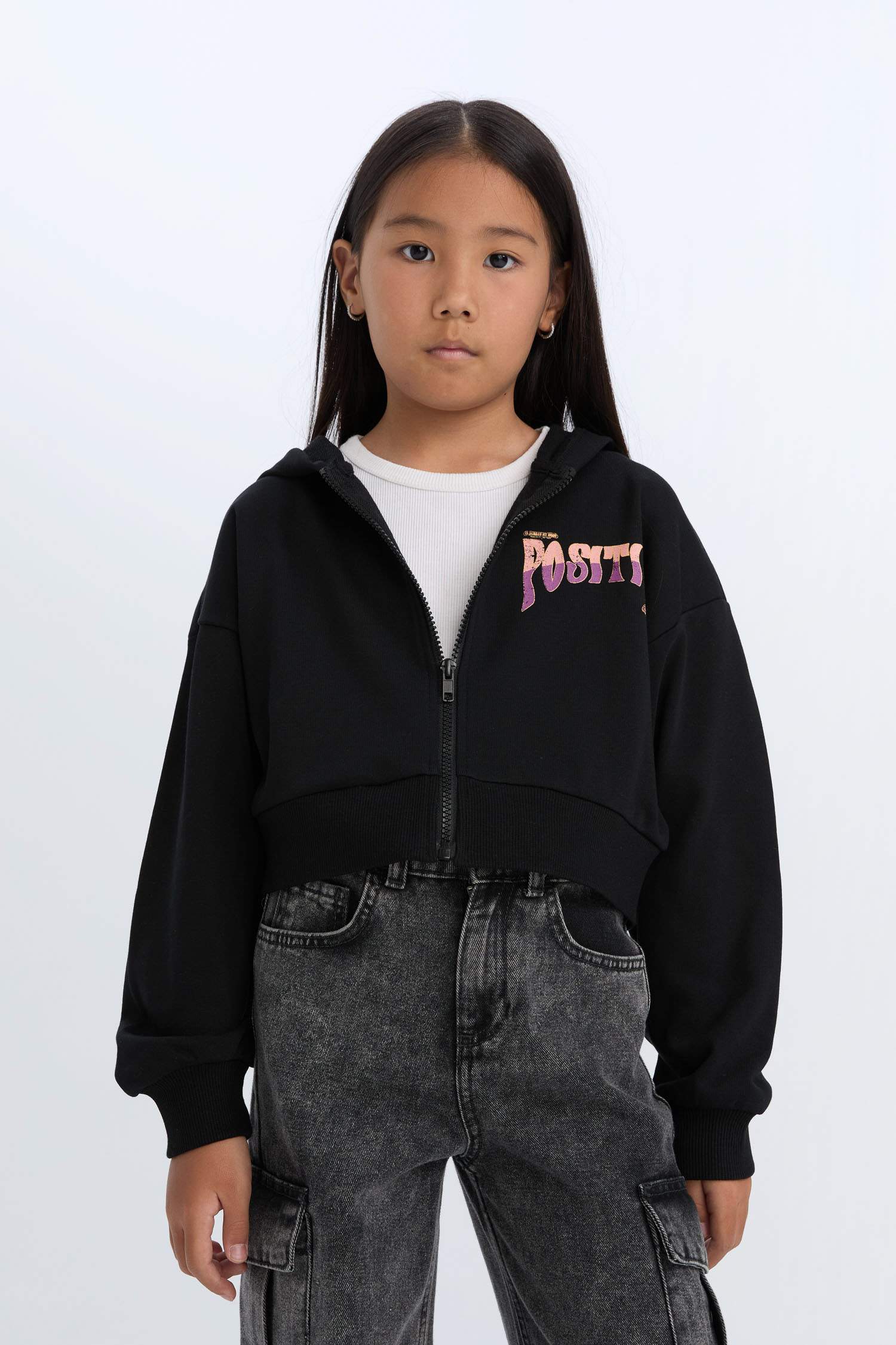 Kız Çocuk Baskılı Kapüşonlu İçi Yumuşak Tüylü Fermuarlı Sweatshirt