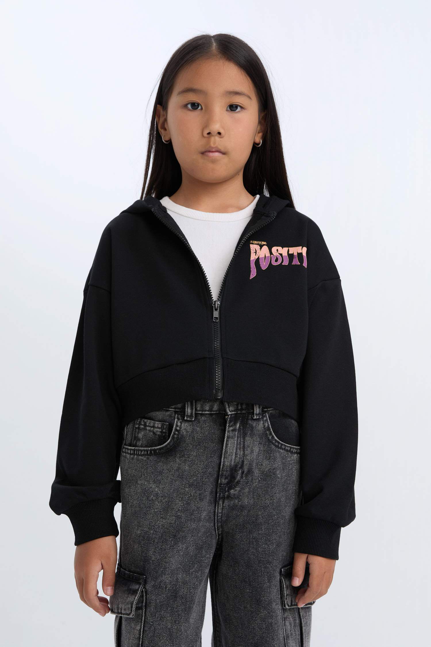 Kız Çocuk Baskılı Kapüşonlu İçi Yumuşak Tüylü Fermuarlı Sweatshirt