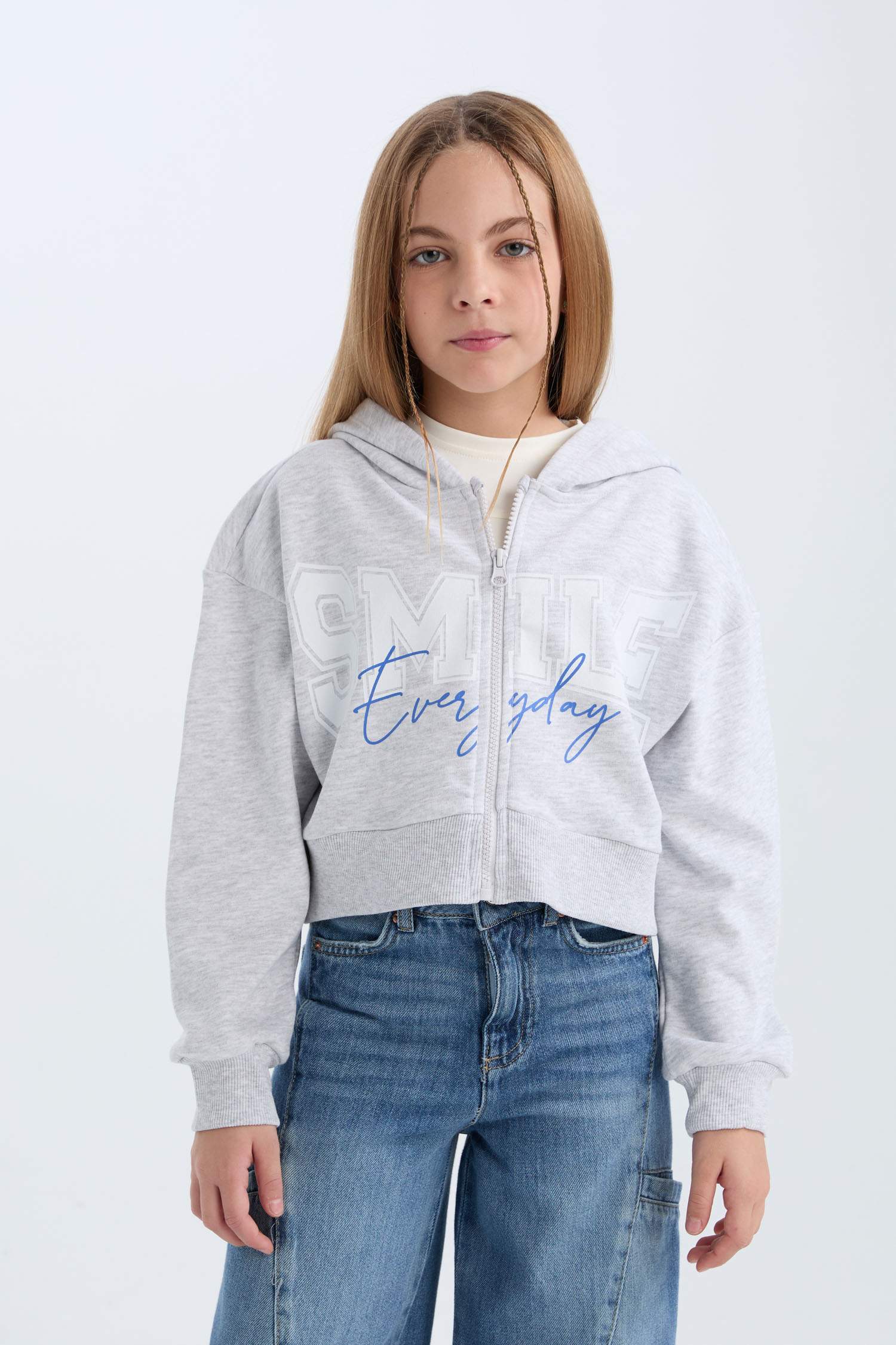 Kız Çocuk Baskılı Kapüşonlu İçi Yumuşak Tüylü Fermuarlı Sweatshirt