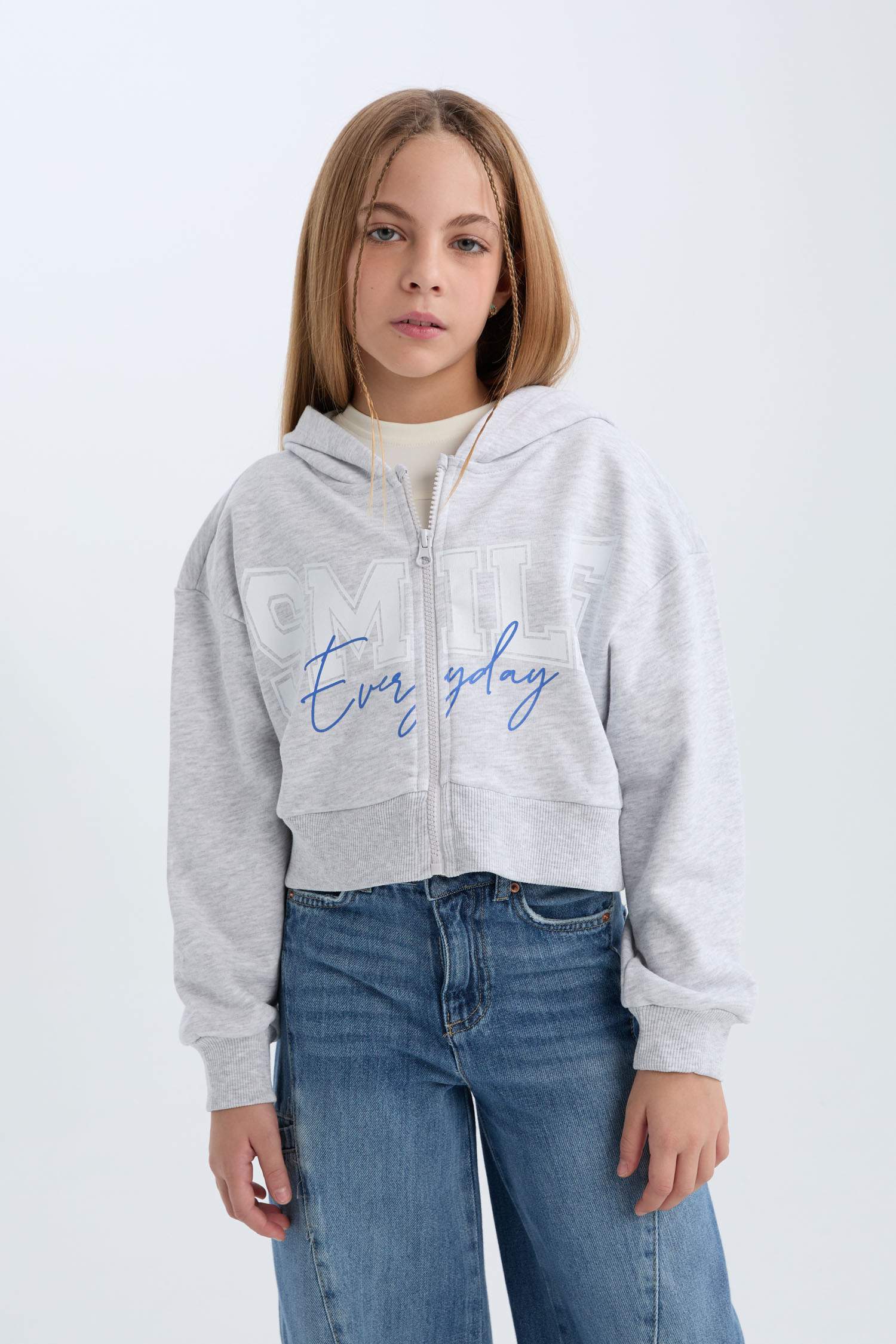 Kız Çocuk Baskılı Kapüşonlu İçi Yumuşak Tüylü Fermuarlı Sweatshirt
