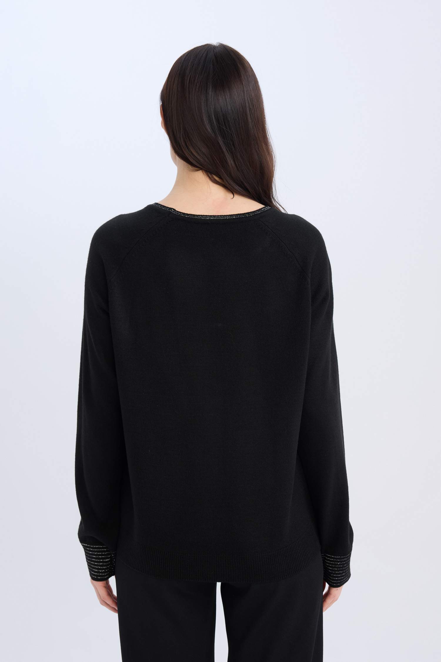 Regular Fit Bisiklet Yaka Simli Reglan Kol Siyah Triko Kazak Tunik