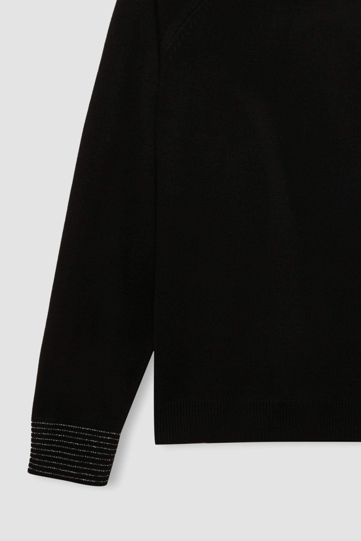 Regular Fit Bisiklet Yaka Simli Reglan Kol Siyah Triko Kazak Tunik