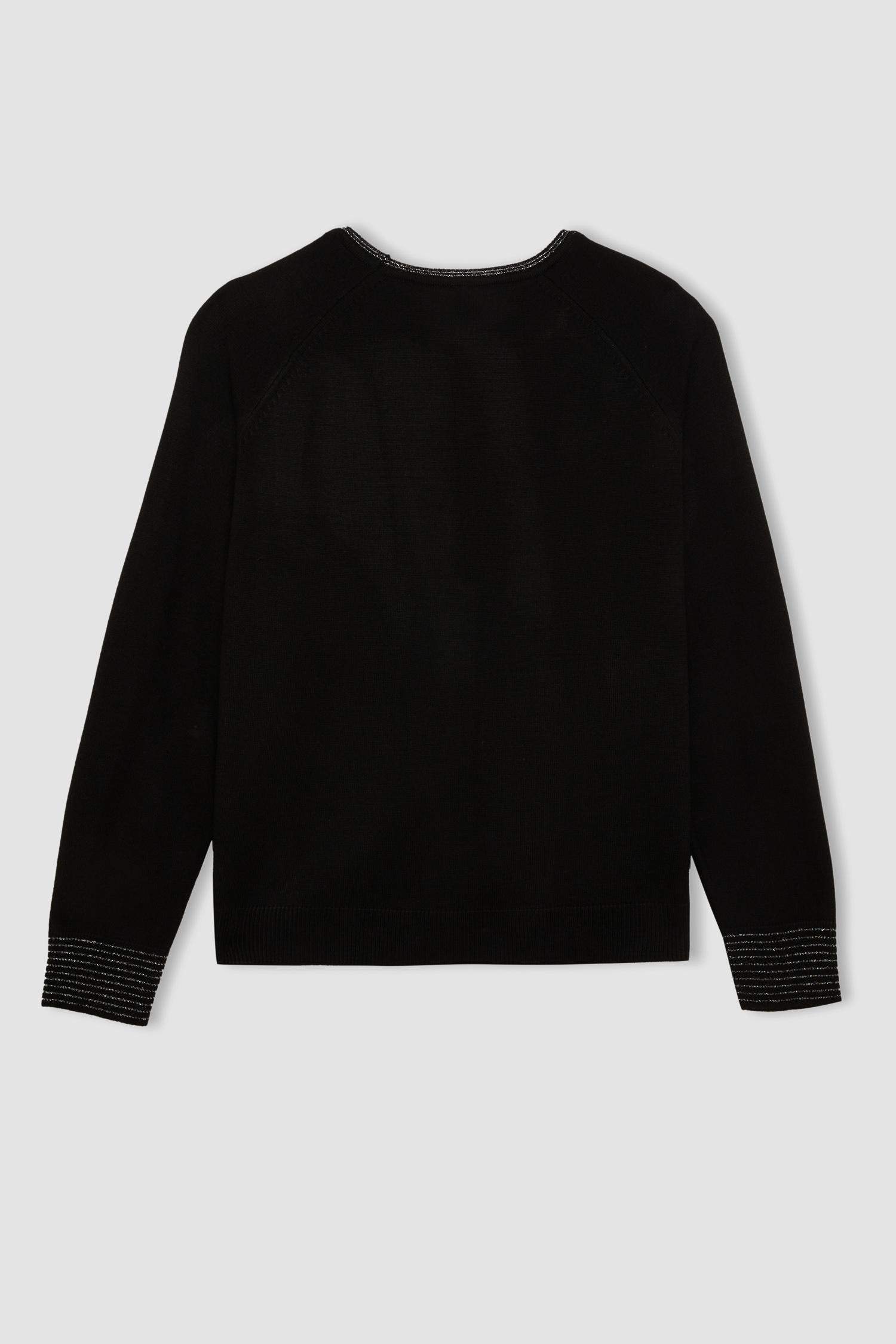 Regular Fit Bisiklet Yaka Simli Reglan Kol Siyah Triko Kazak Tunik