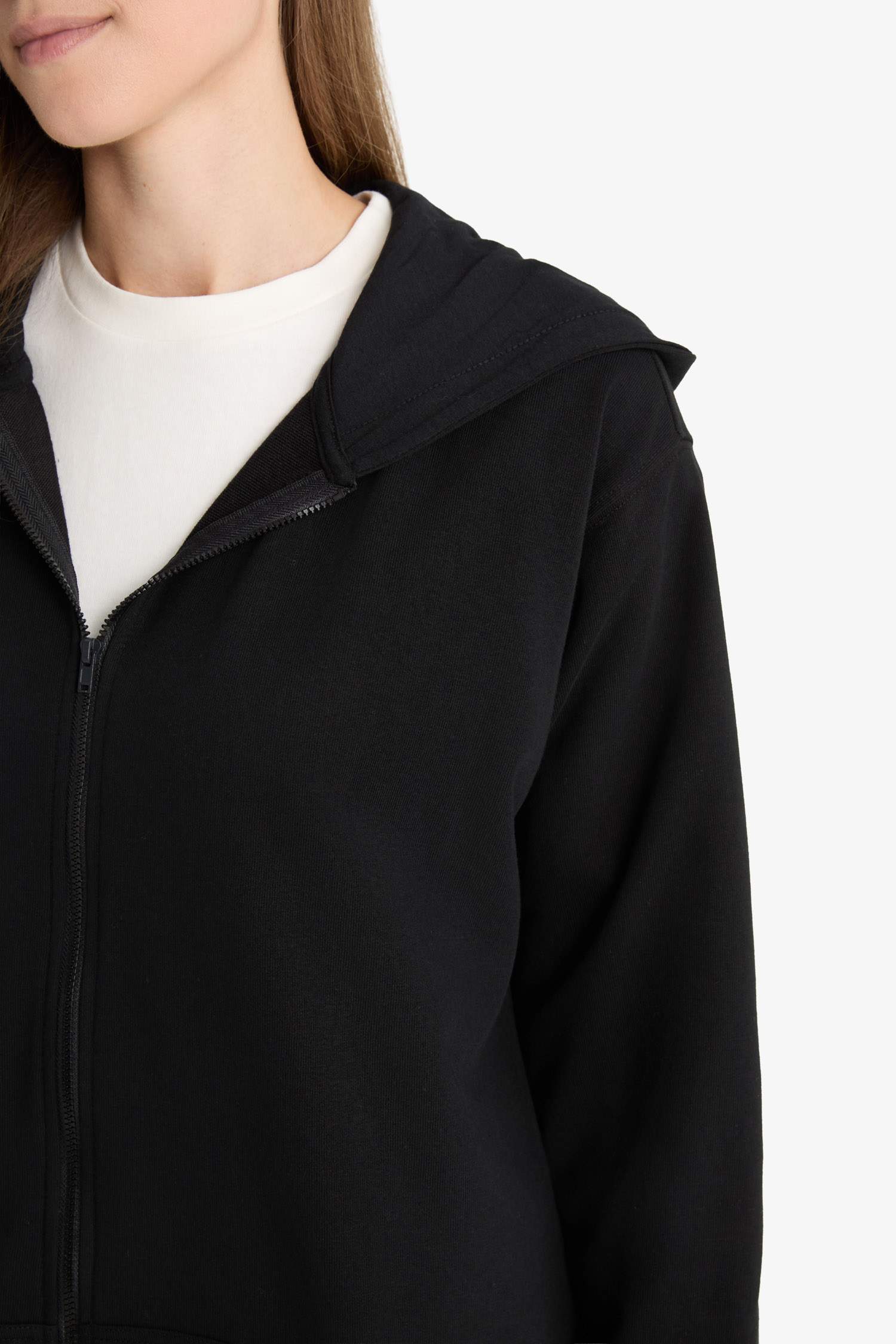 Kapüşonlu Basic Düz İçi Yumuşak Tüylü Kalın Fermuarlı Sweatshirt