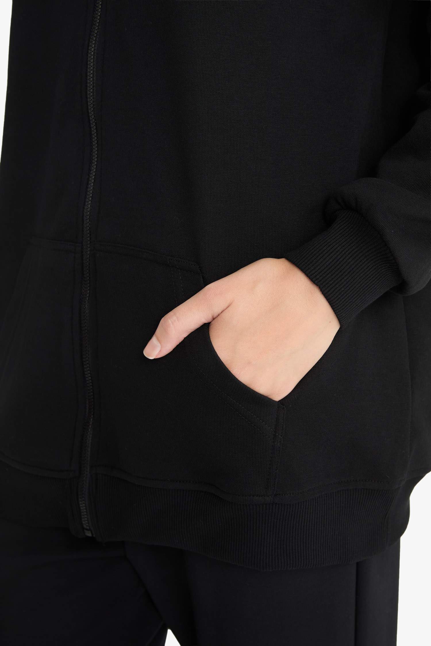 Kapüşonlu Basic Düz İçi Yumuşak Tüylü Kalın Fermuarlı Sweatshirt