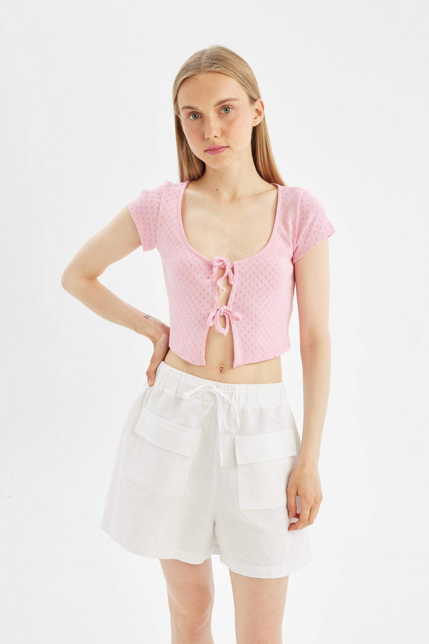 Coool Fitted Fitilli Kaşkorse Önü Bağlamalı Kısa Kollu Hırka