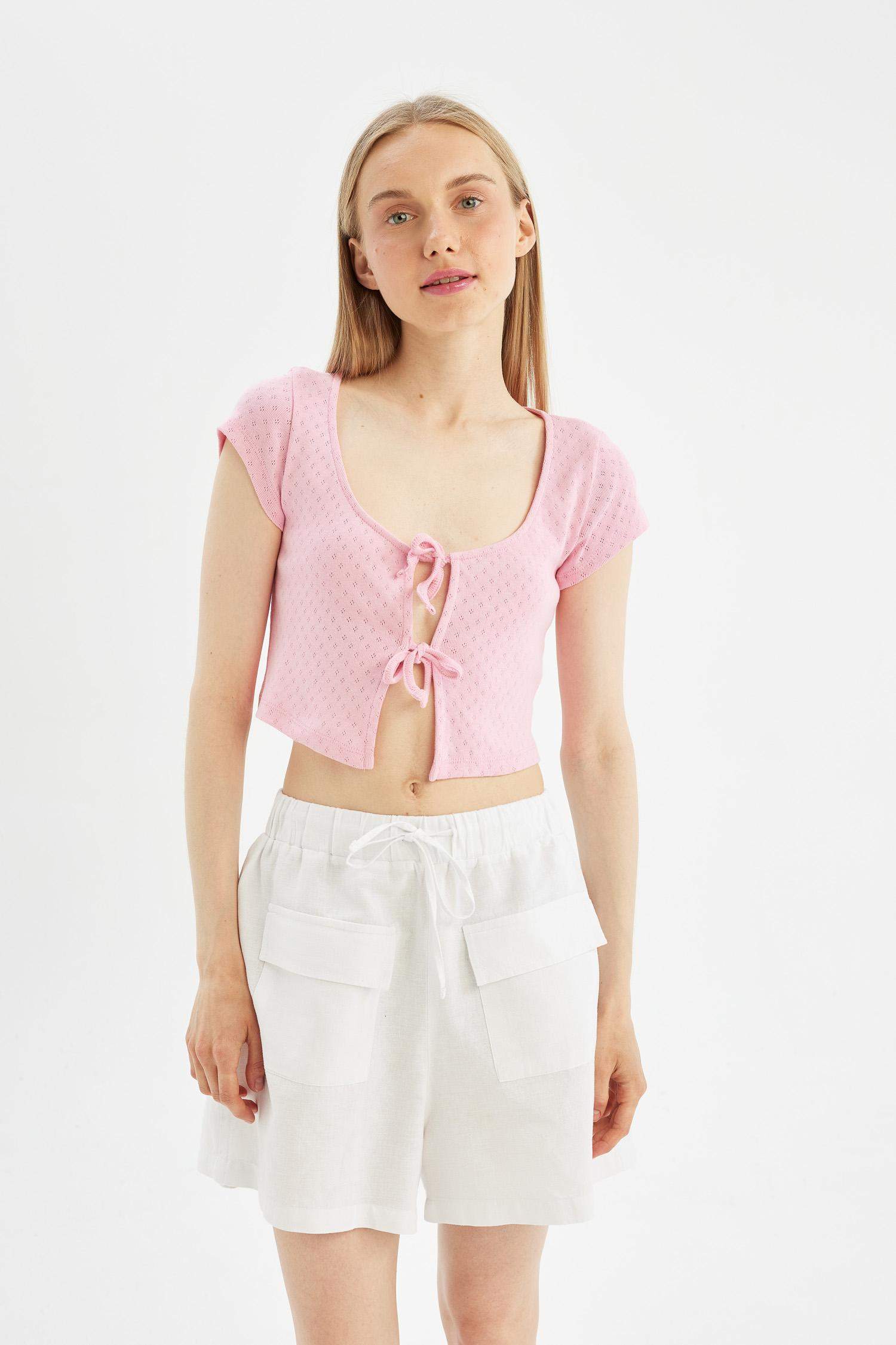 Coool Fitted Fitilli Kaşkorse Önü Bağlamalı Kısa Kollu Hırka