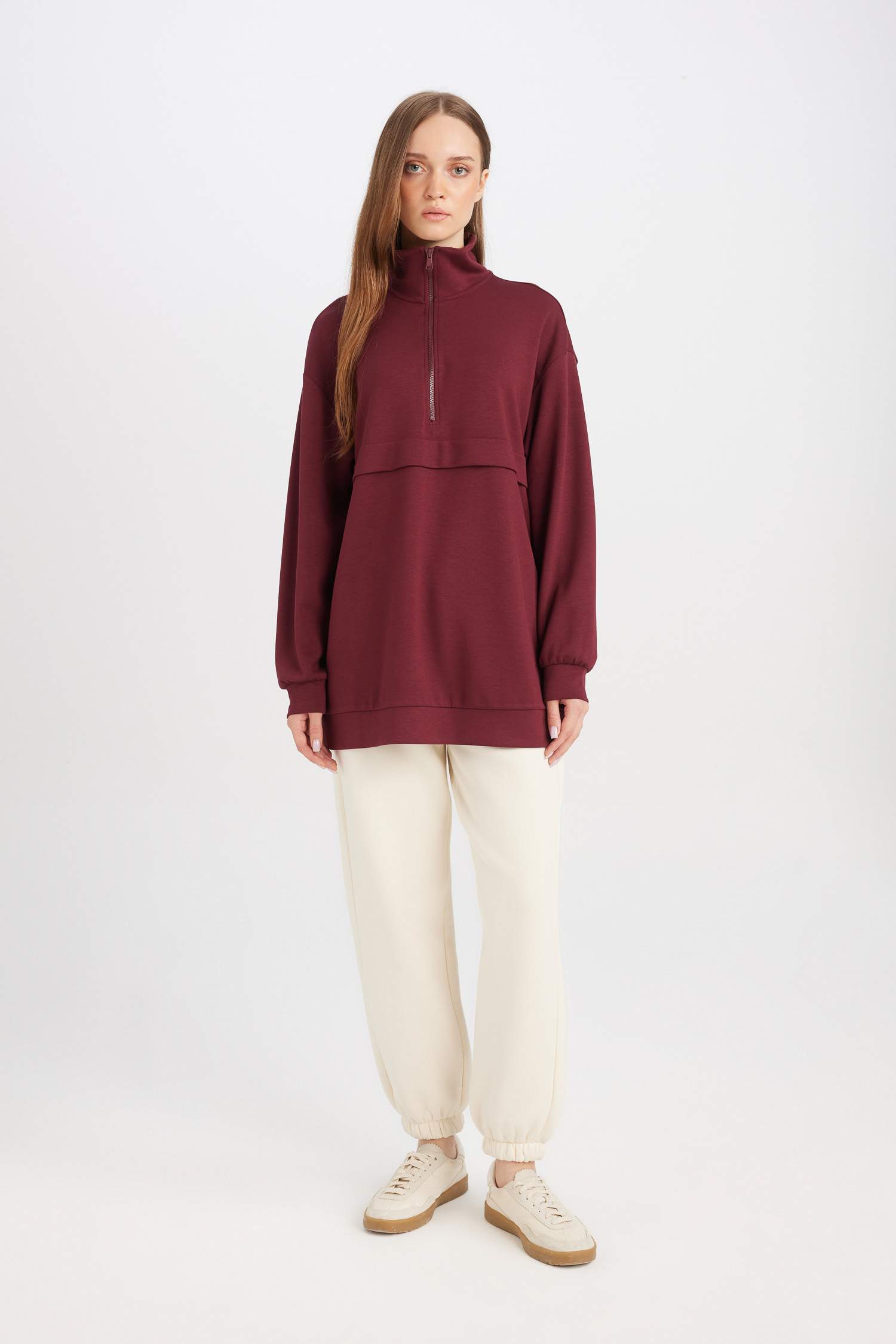 Yarım Fermuarlı Dik Yaka Basic Düz Sweatshirt Tunik