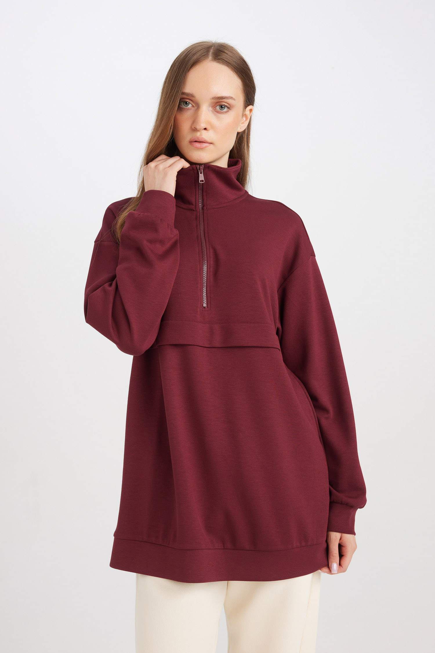 Yarım Fermuarlı Dik Yaka Basic Düz Sweatshirt Tunik