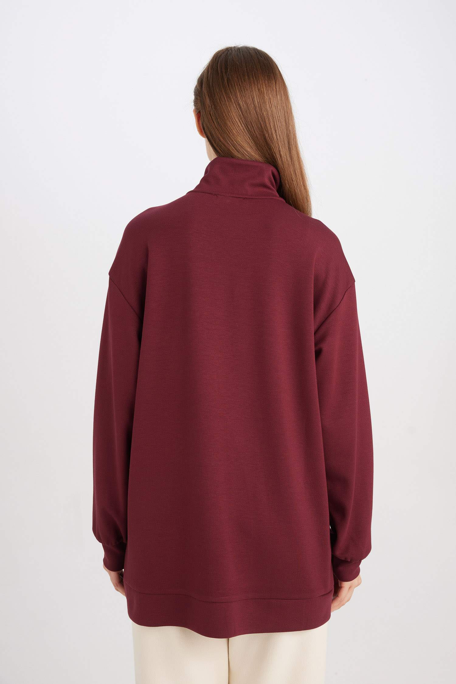 Yarım Fermuarlı Dik Yaka Basic Düz Sweatshirt Tunik