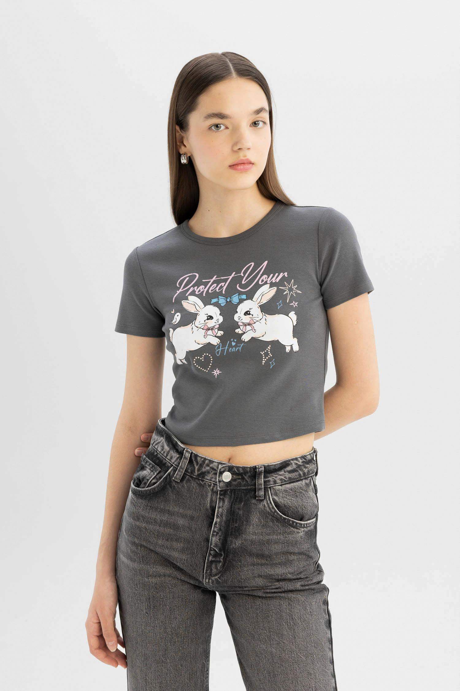 Coool Fitted Bisiklet Yaka Baskılı Ribana Kısa Kollu Tişört