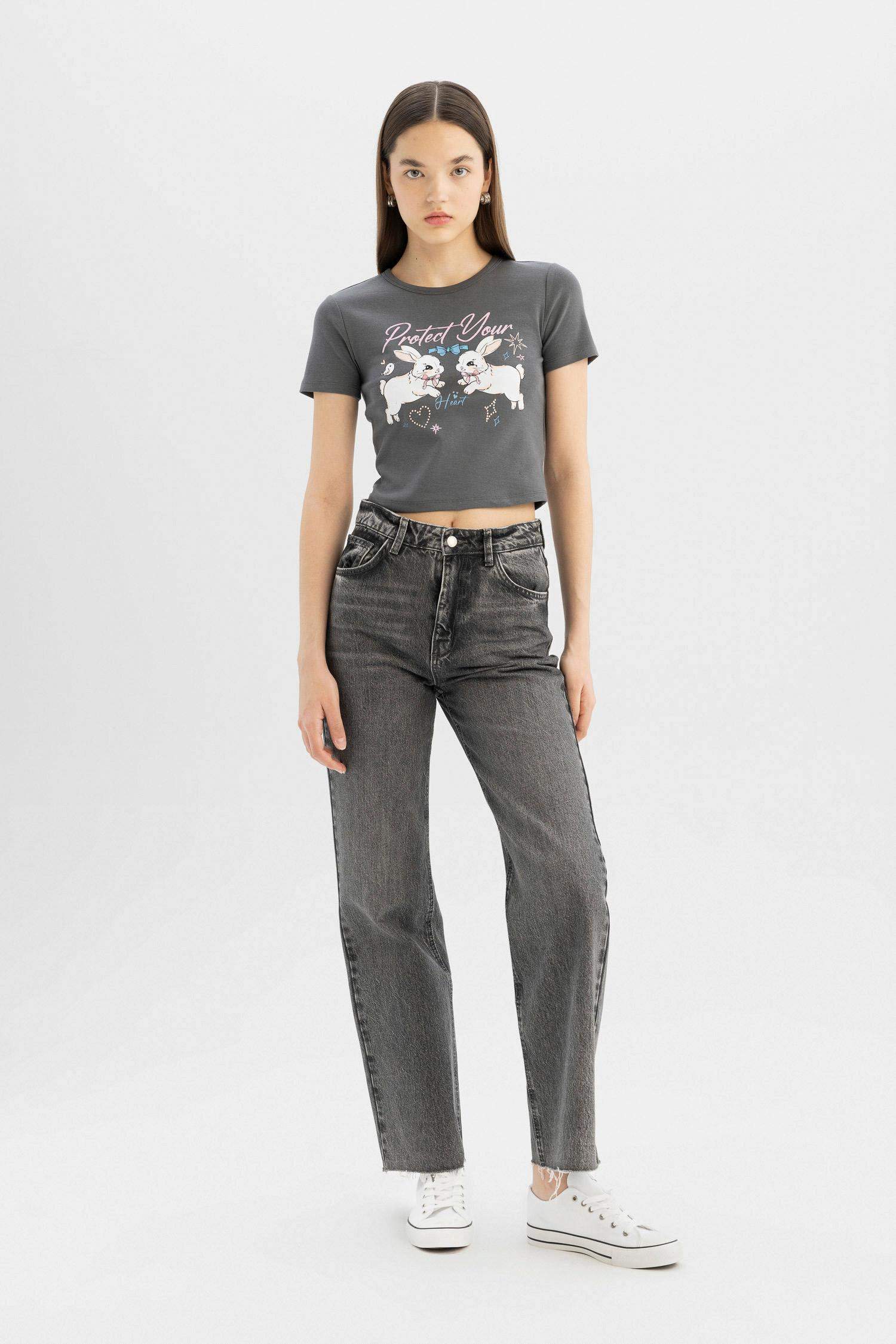 Coool Fitted Bisiklet Yaka Baskılı Ribana Kısa Kollu Tişört