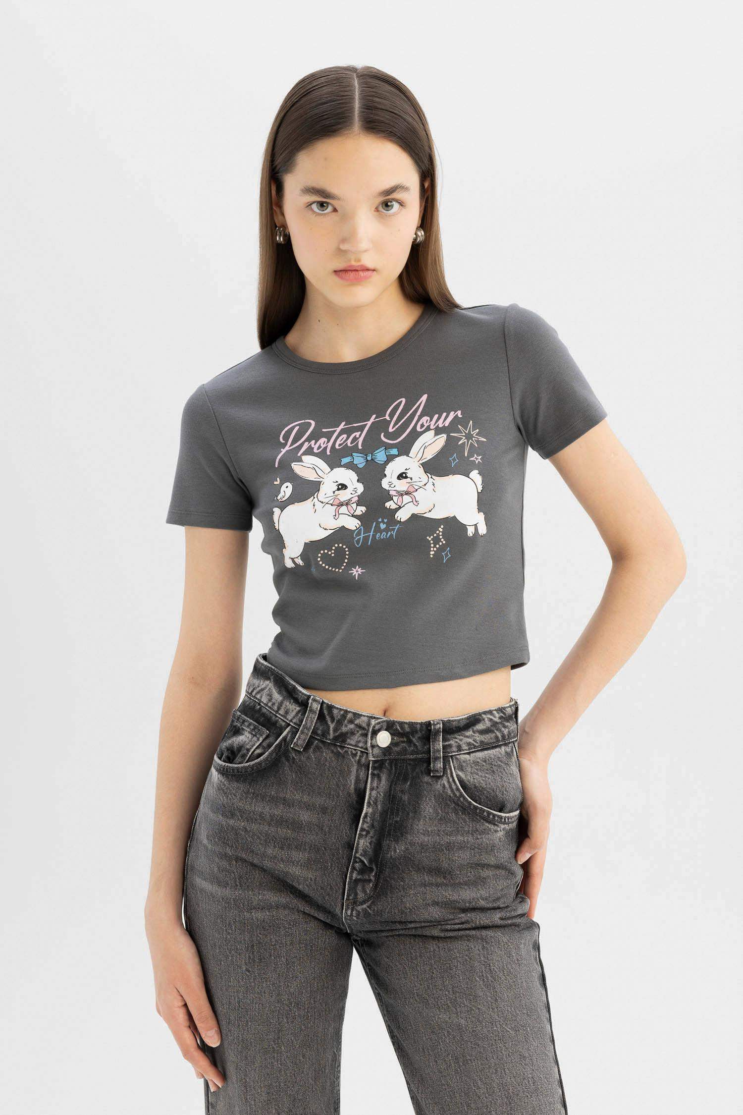 Coool Fitted Bisiklet Yaka Baskılı Ribana Kısa Kollu Tişört