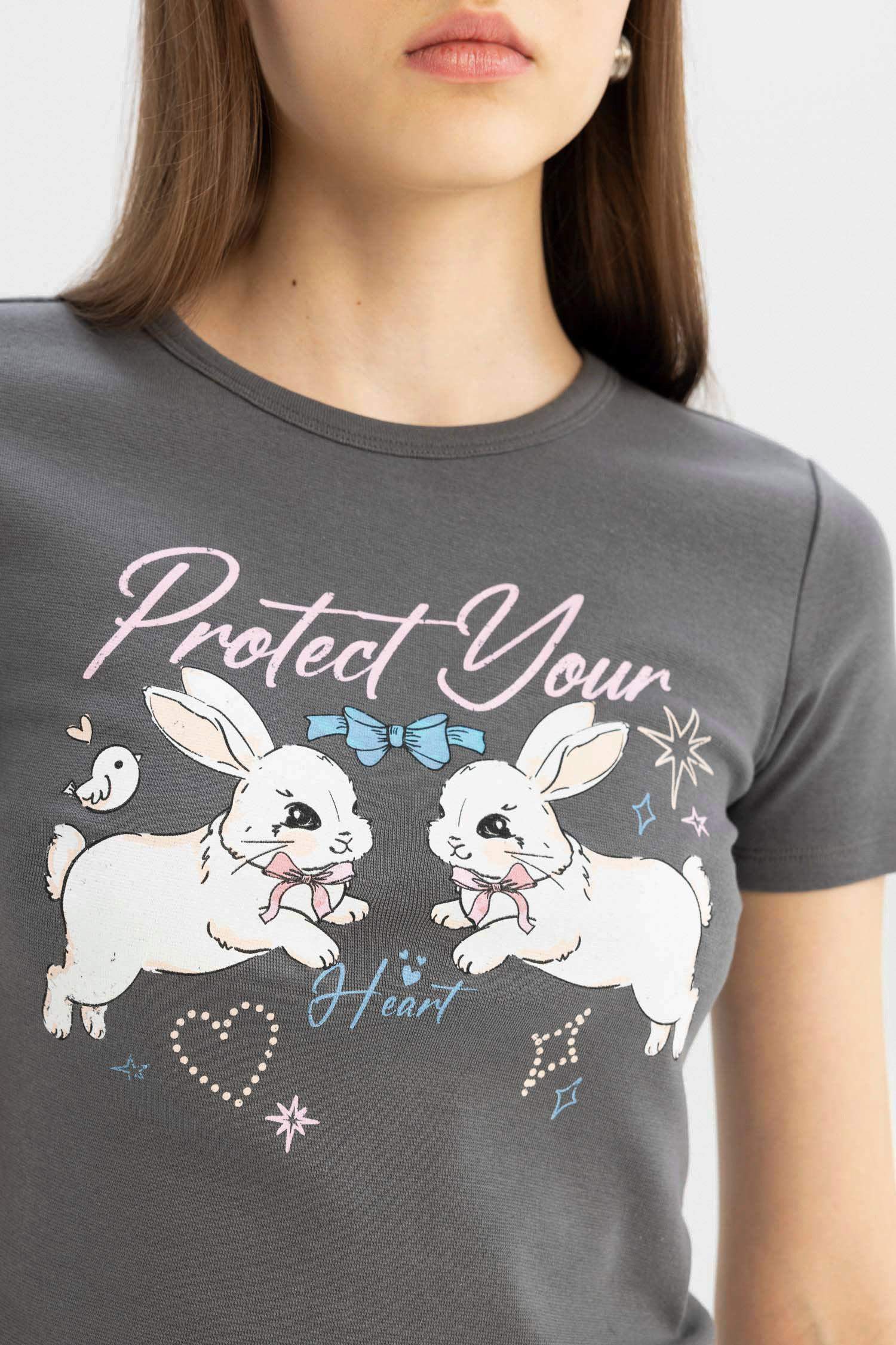 Coool Fitted Bisiklet Yaka Baskılı Ribana Kısa Kollu Tişört