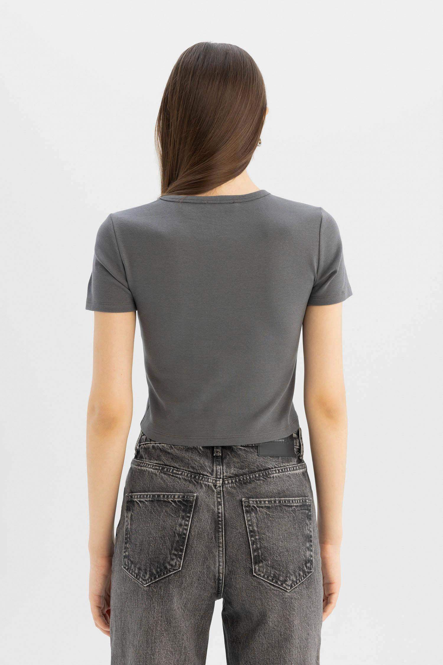 Coool Fitted Bisiklet Yaka Baskılı Ribana Kısa Kollu Tişört