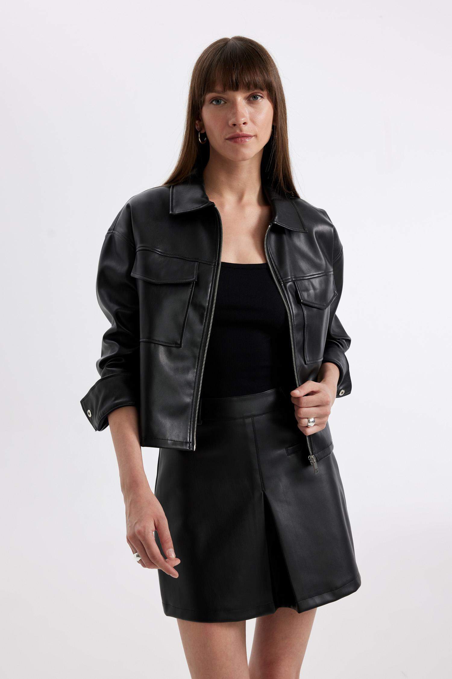 A Kesim Yüksek Bel Suni Deri Mini Etek