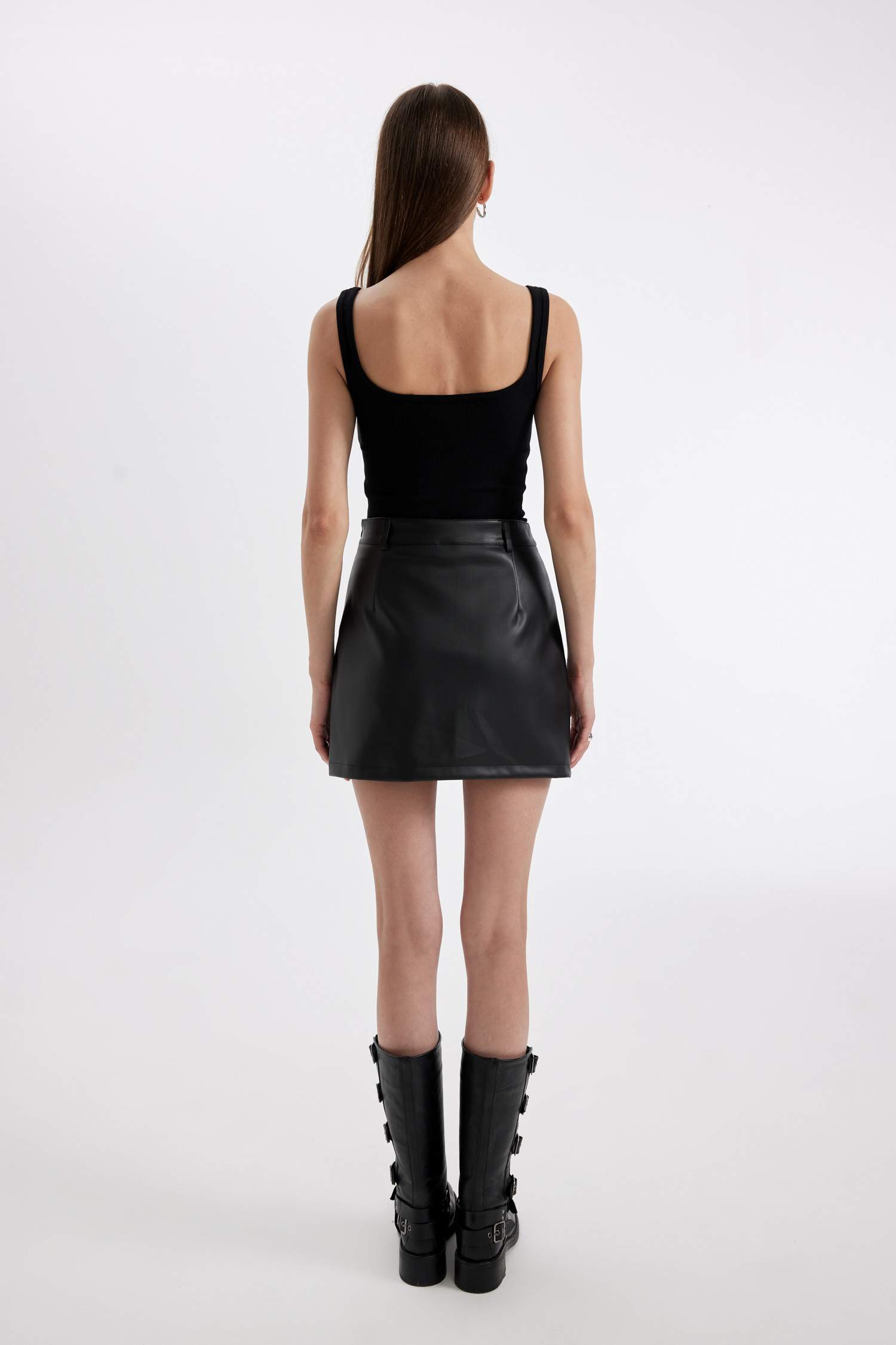 A Kesim Yüksek Bel Suni Deri Mini Etek