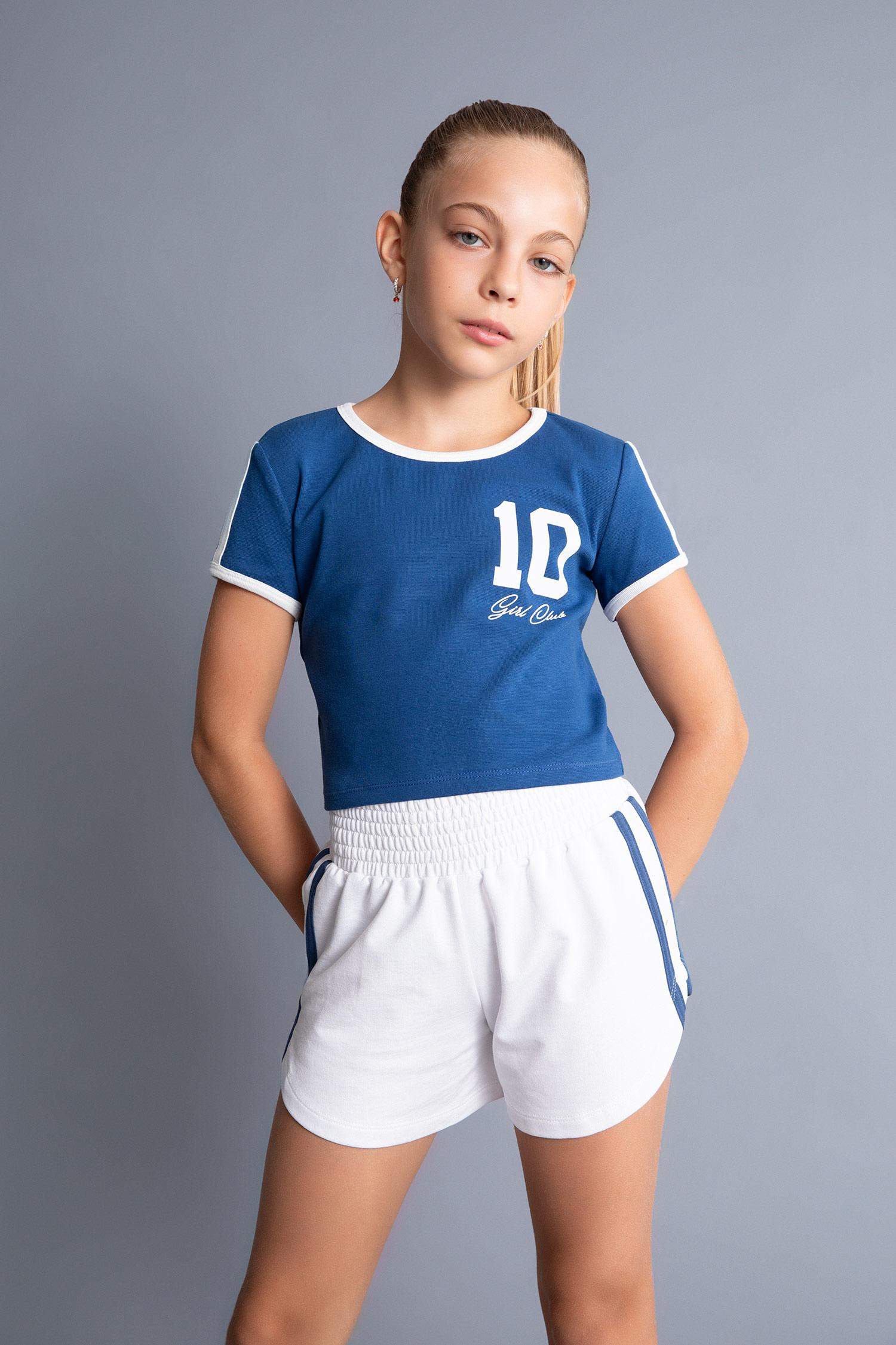 Girl Crew Neck Printed Ribbed Crop T-Shirt