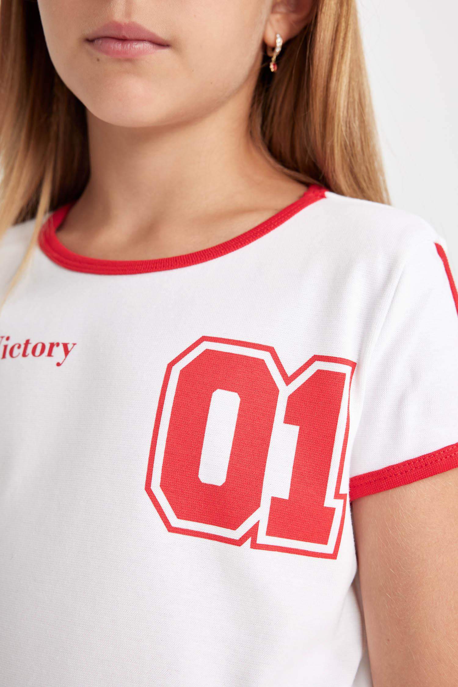 Kız Çocuk Crop Bisiklet Yaka Baskılı Ribana Kısa Kollu Tişört