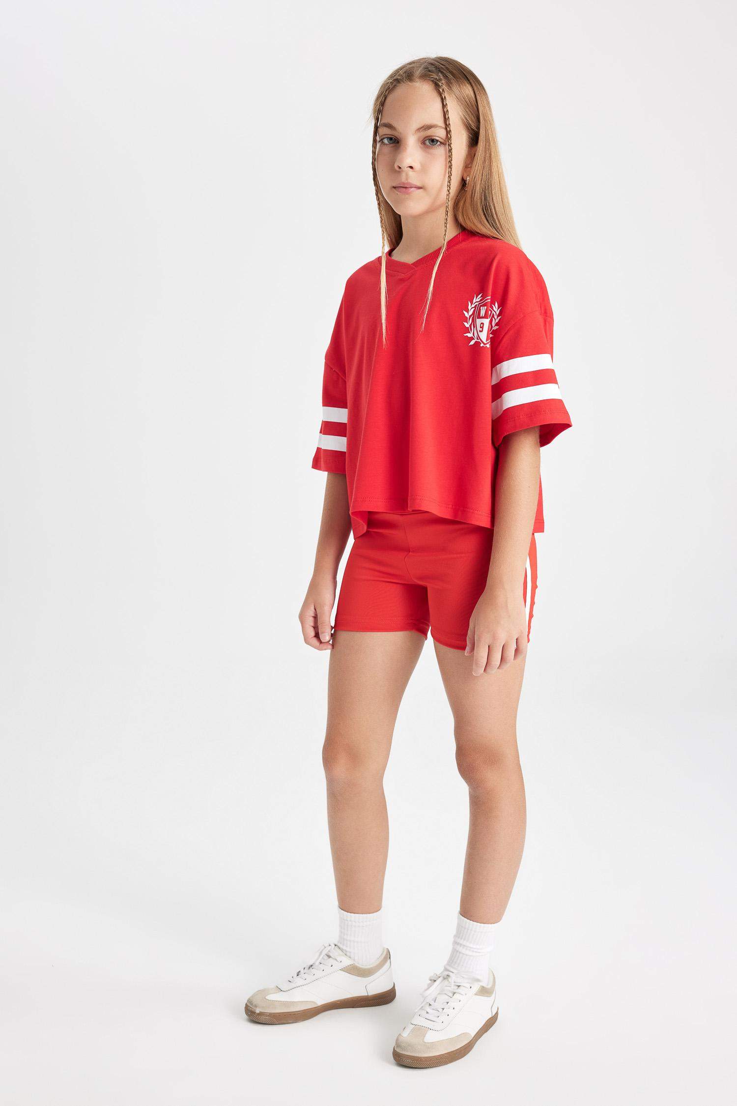 Kız Çocuk Oversize Geniş Kalıp V Yaka Sırt Baskılı Kısa Kollu Tişört