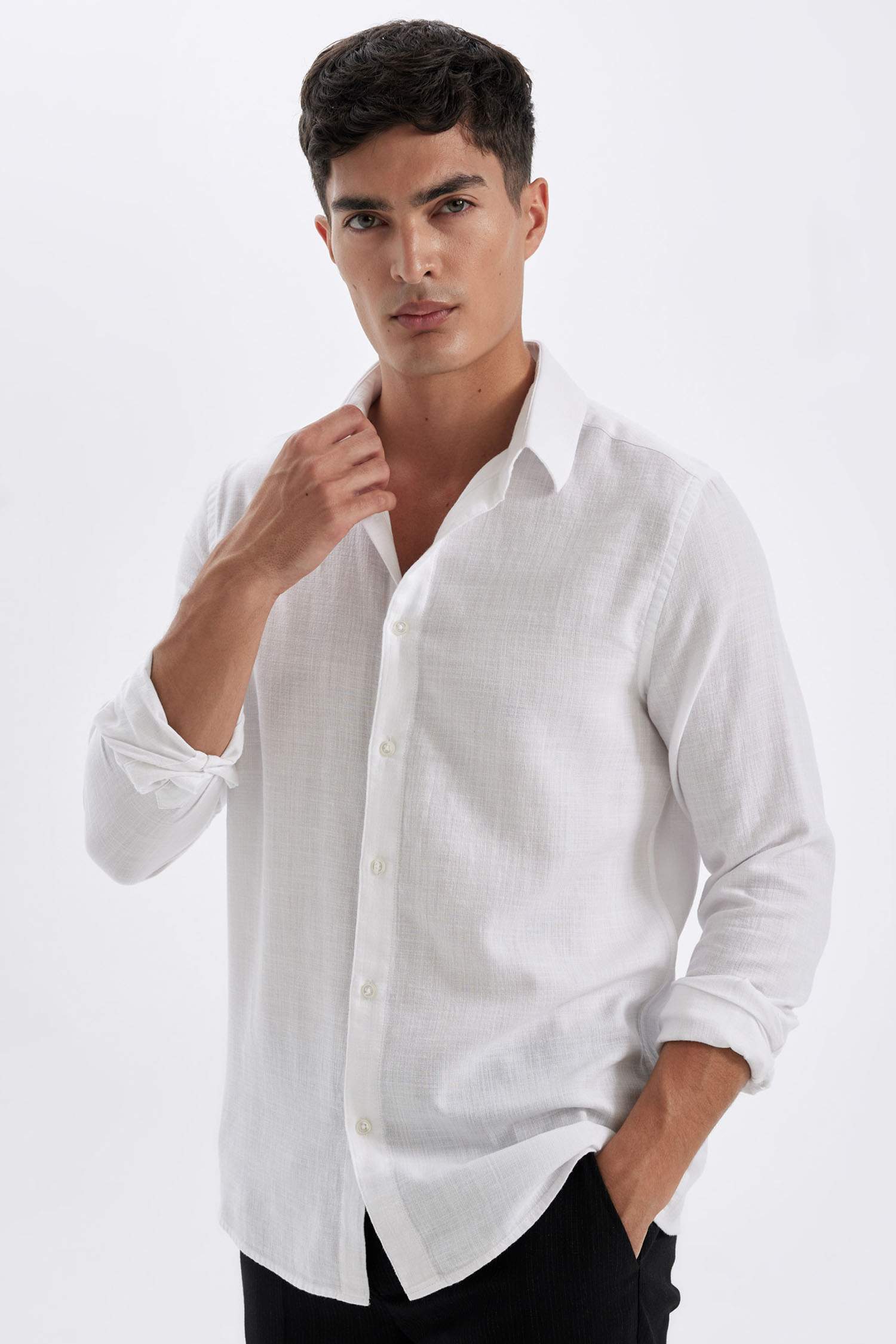Chemise à manches longues en coton uni pour Homme