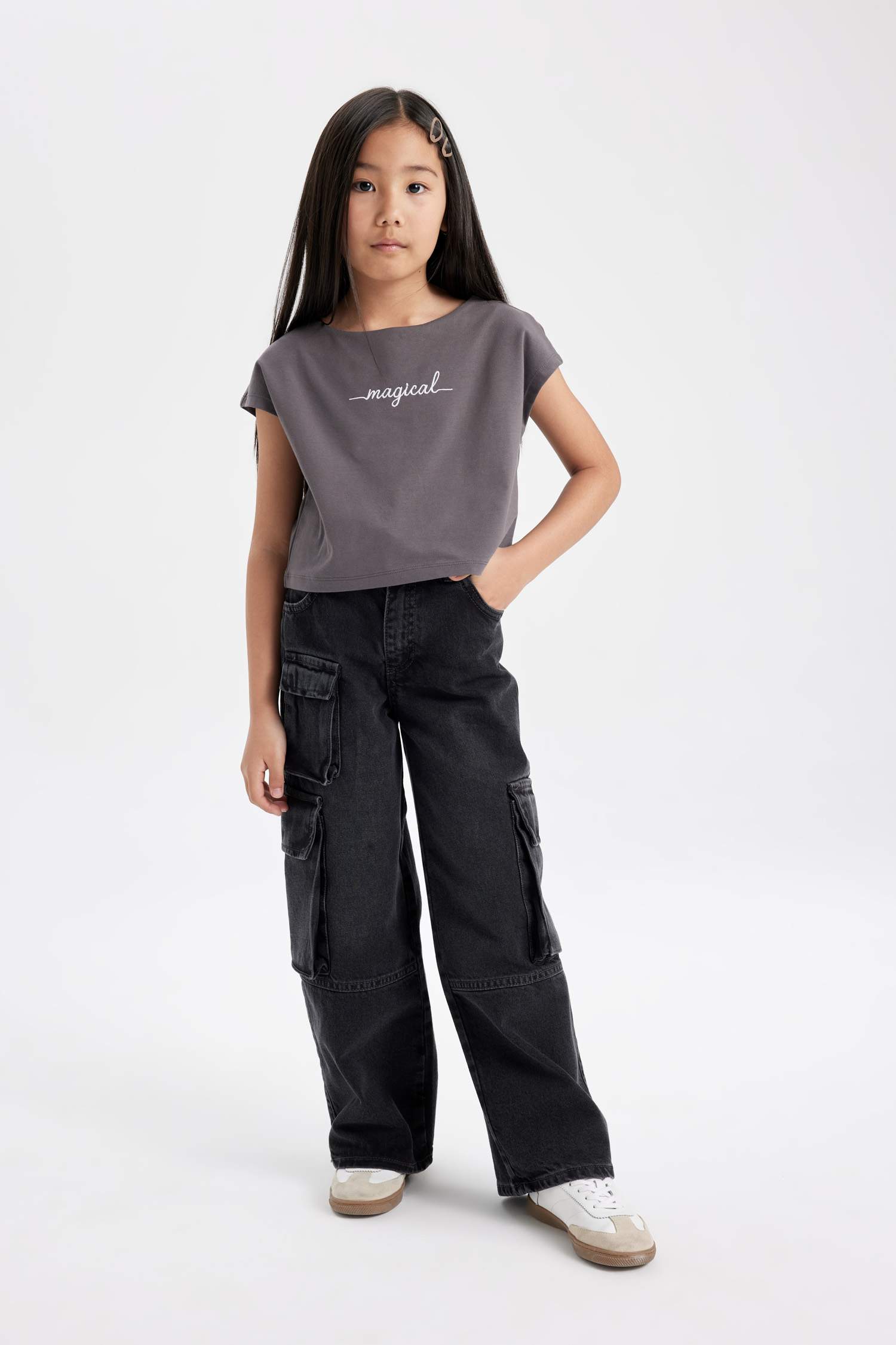 Girl Slogan Printed Side Printed Crop T-Shirt