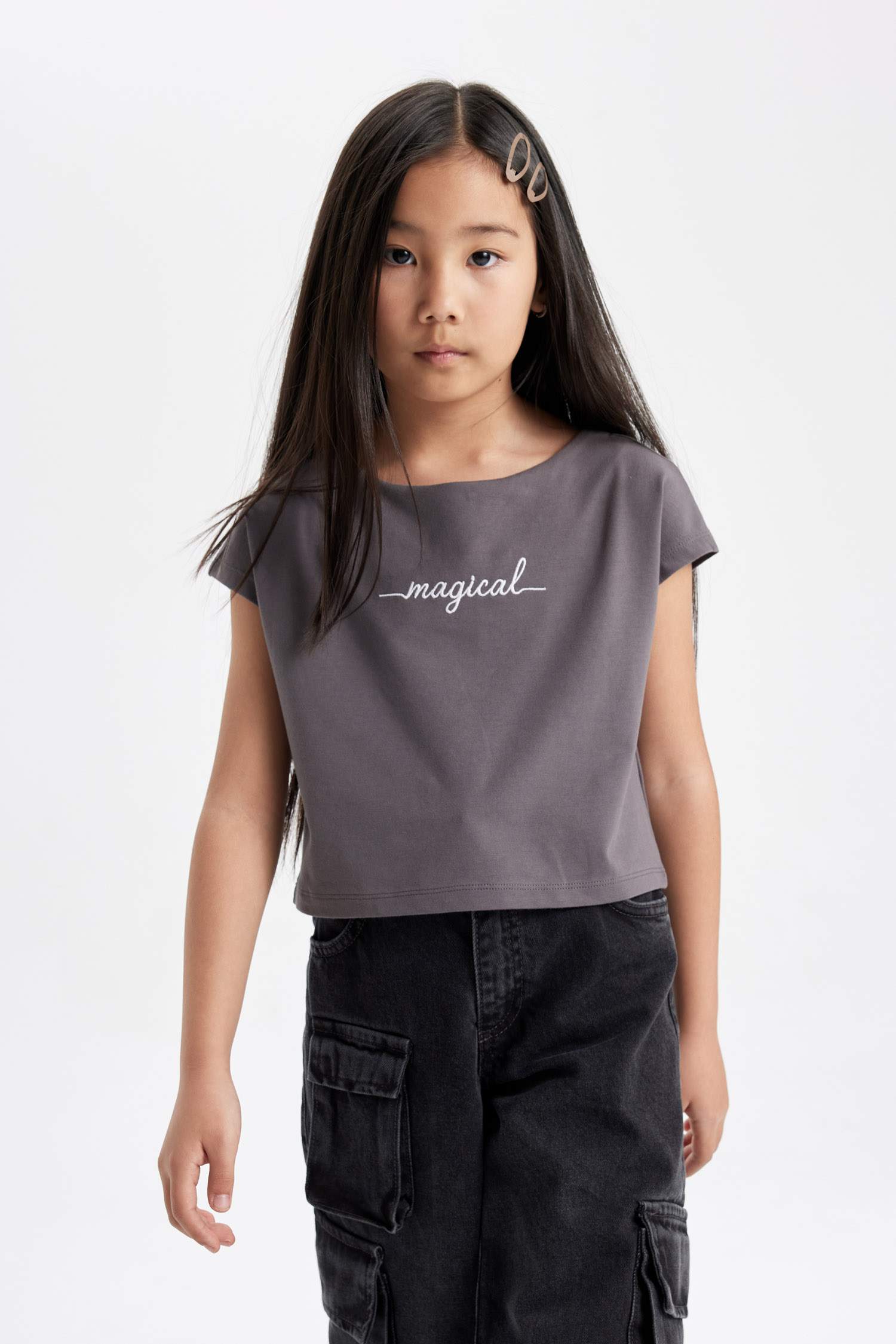 Girl Slogan Printed Side Printed Crop T-Shirt