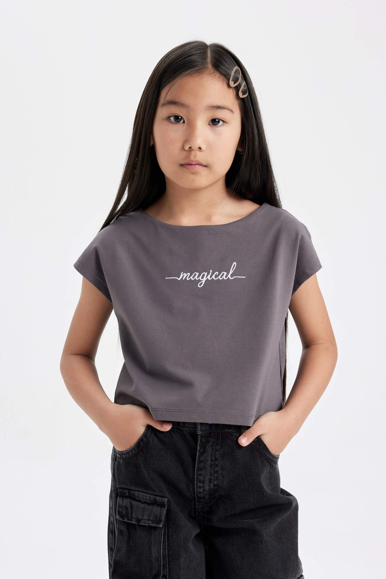 Girl Slogan Printed Side Printed Crop T-Shirt