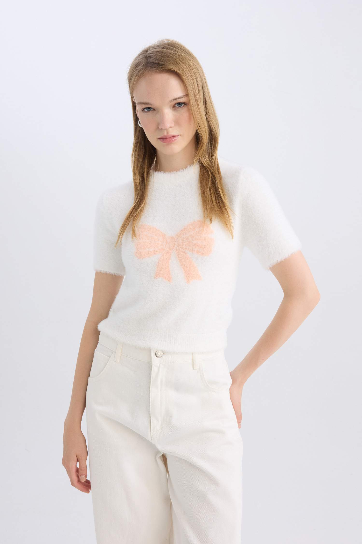 Coool Kurdela Fiyonklu Bisiklet Yaka Kısa Kollu Pelüş İplik Triko Kazak