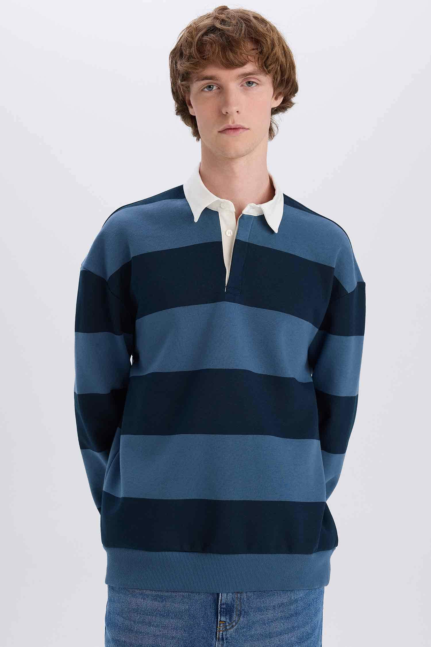 Boxy Fit Polo Yaka Çizgili Sweatshirt