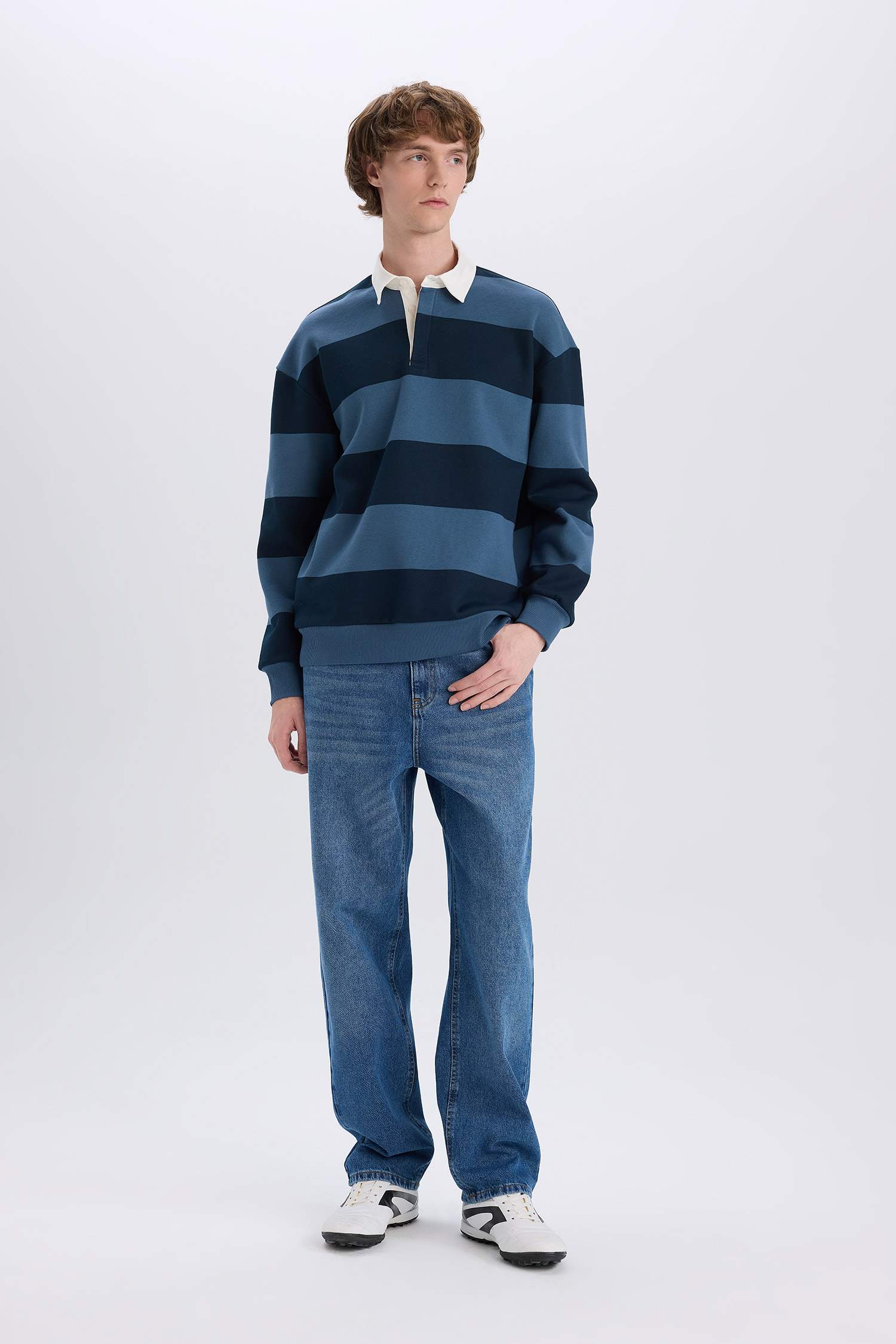 Boxy Fit Polo Yaka Çizgili Sweatshirt