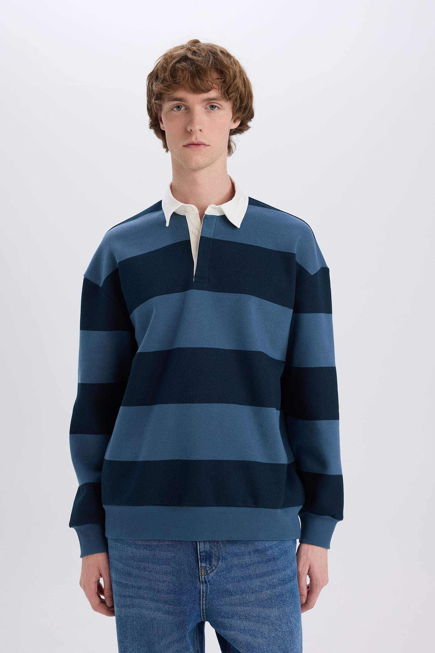 Boxy Fit Polo Yaka Çizgili Sweatshirt