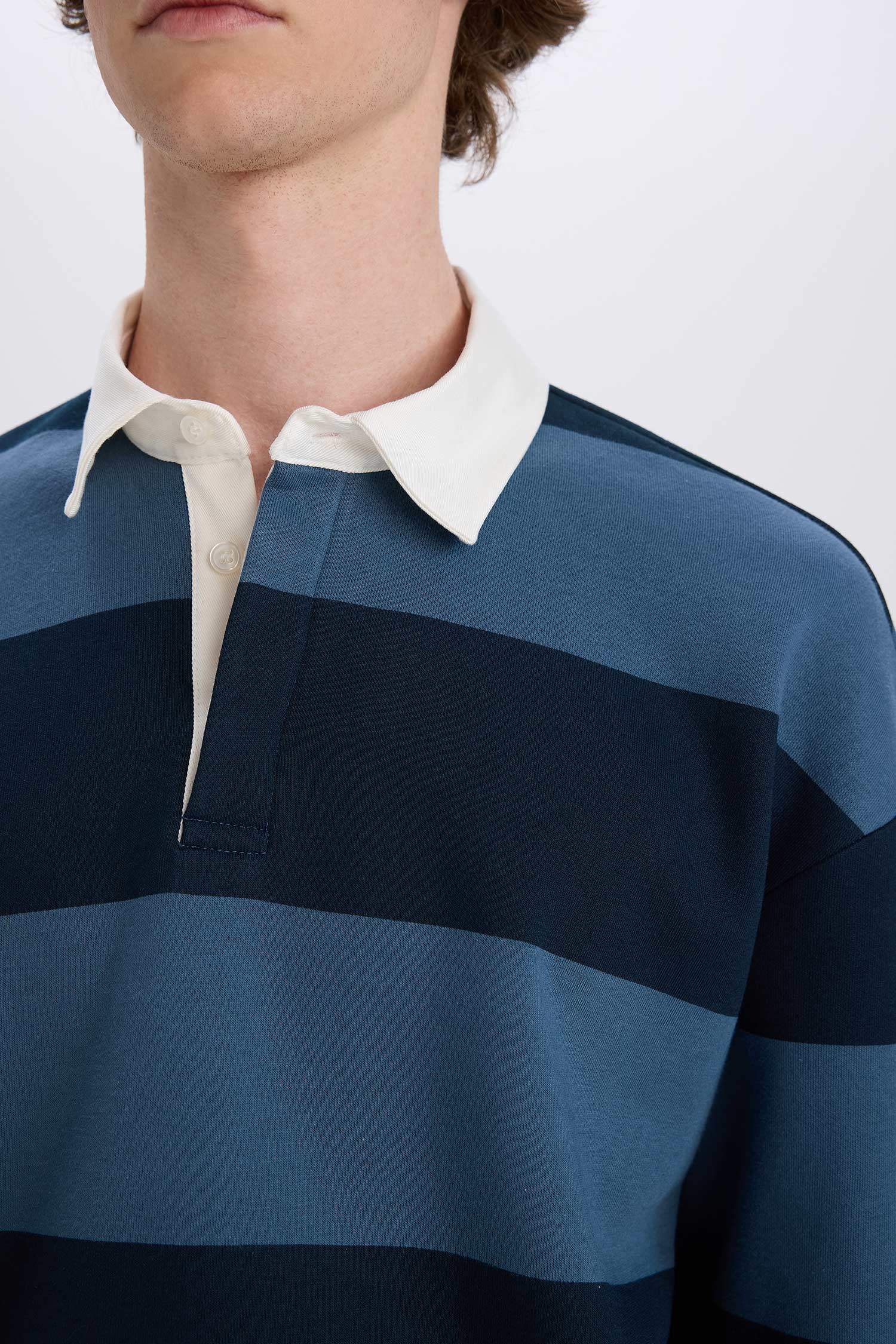 Boxy Fit Polo Yaka Çizgili Sweatshirt