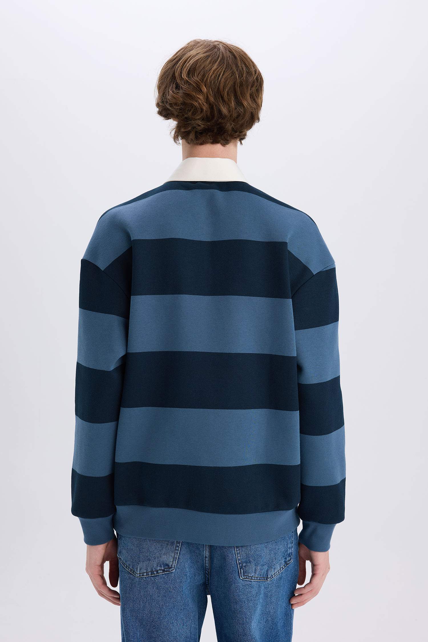 Boxy Fit Polo Yaka Çizgili Sweatshirt