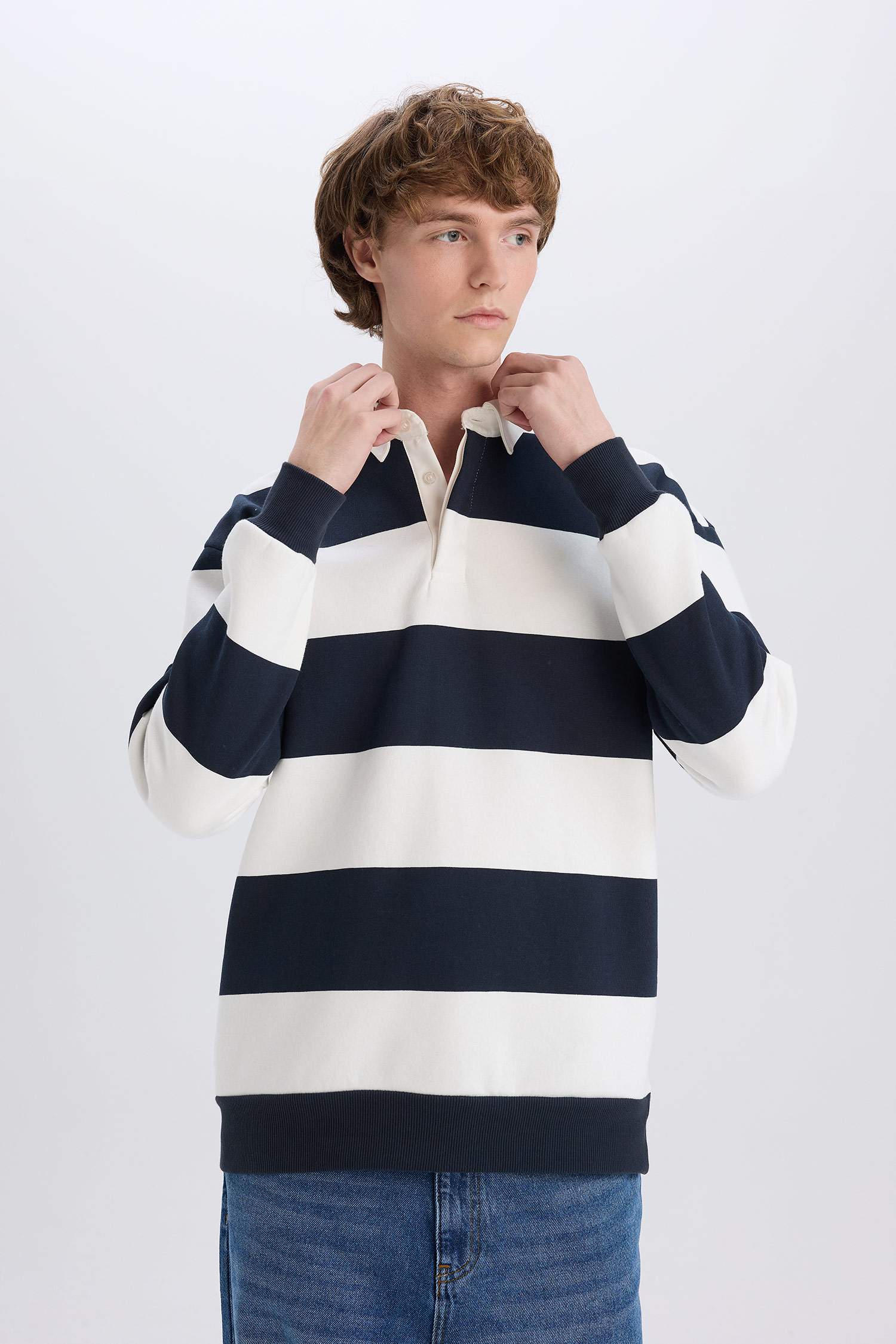 Boxy Fit Polo Neck Striped Sweatshirt