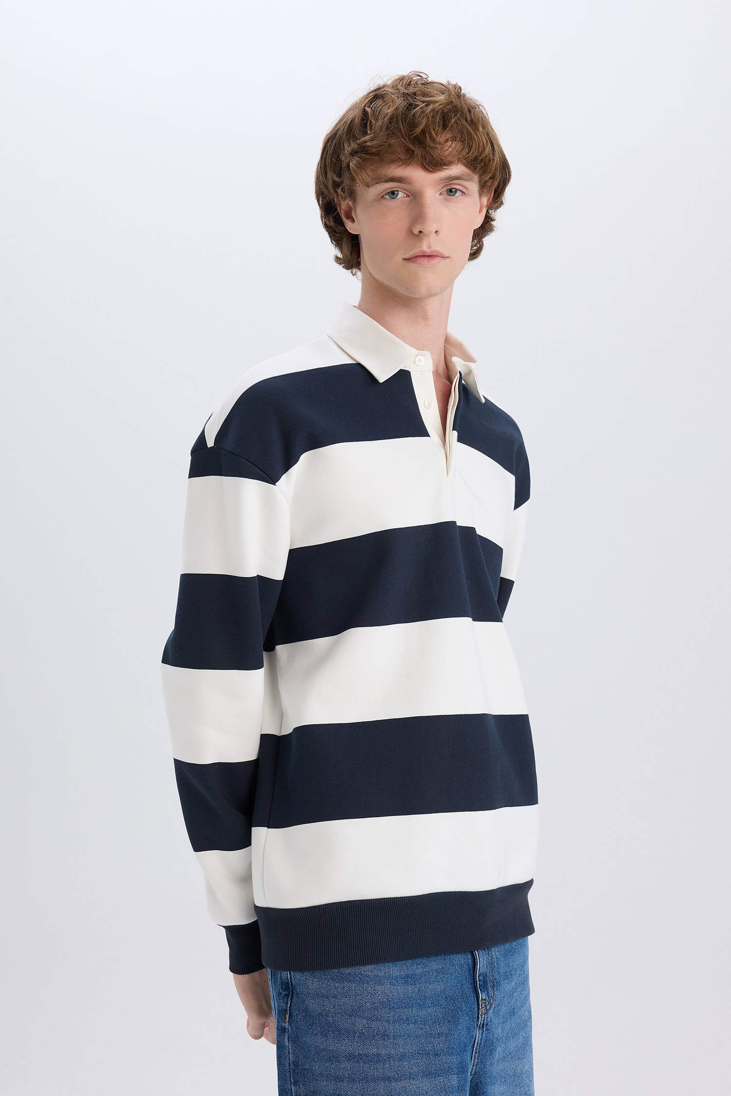 Boxy Fit Polo Neck Striped Sweatshirt