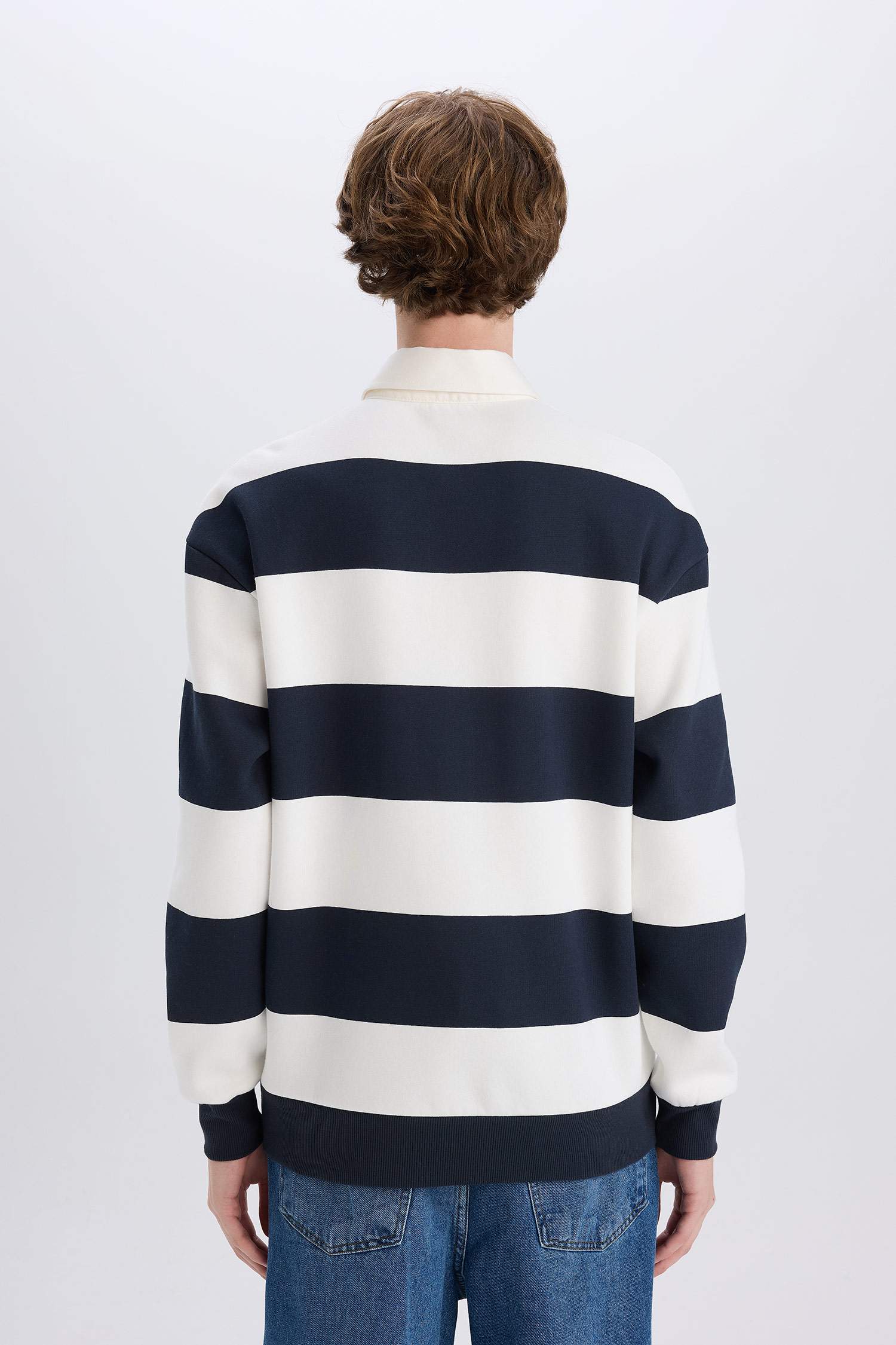 Boxy Fit Polo Neck Striped Sweatshirt