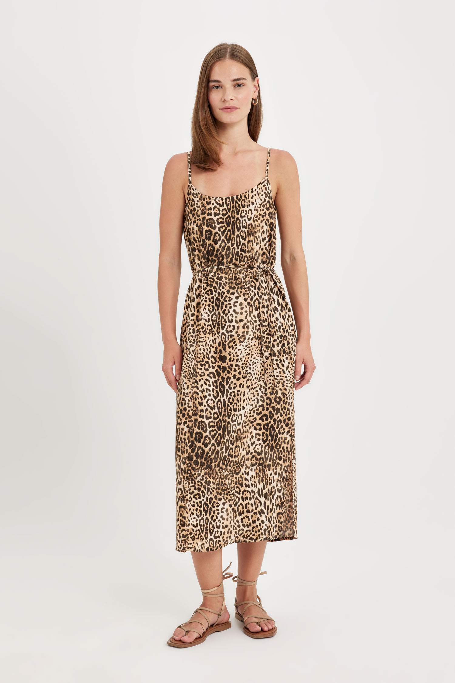 Round Collar Leopard Patterned Suspender Midi Dress