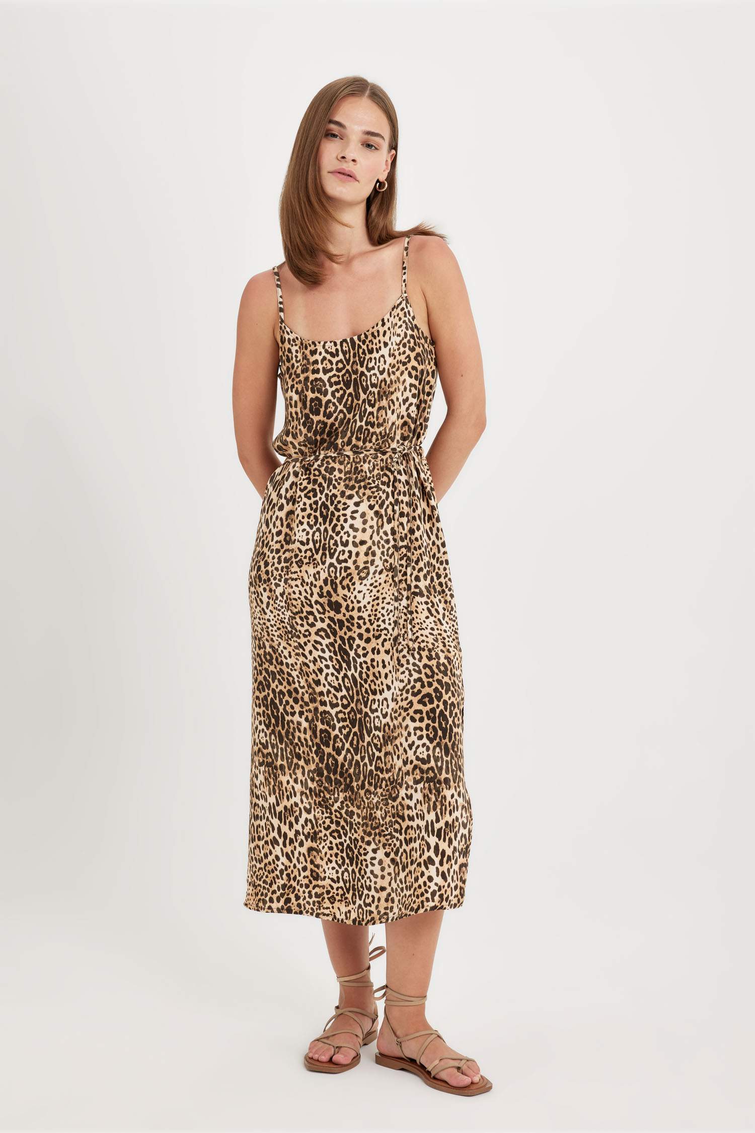 Round Collar Leopard Patterned Suspender Midi Dress