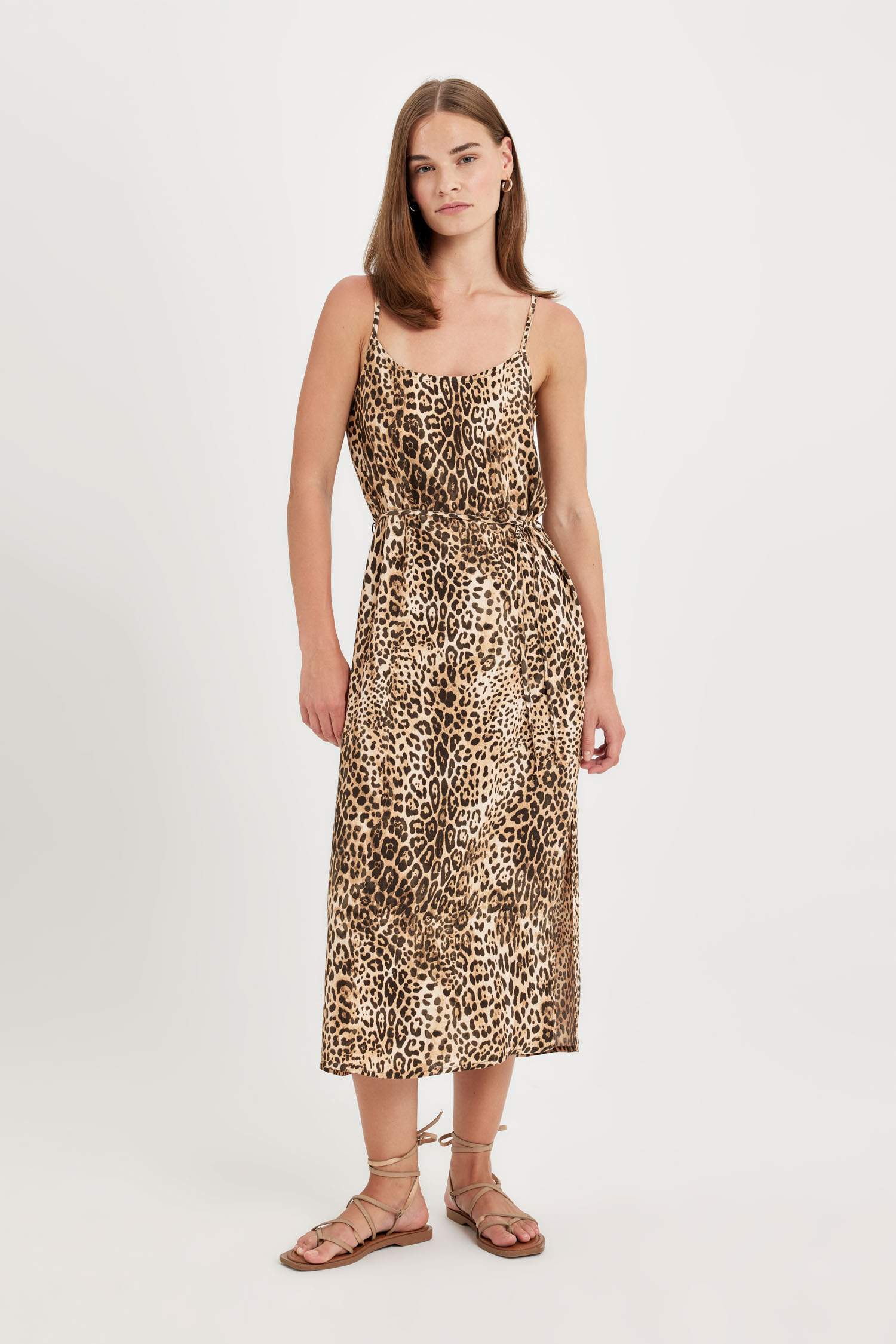 Round Collar Leopard Patterned Suspender Midi Dress