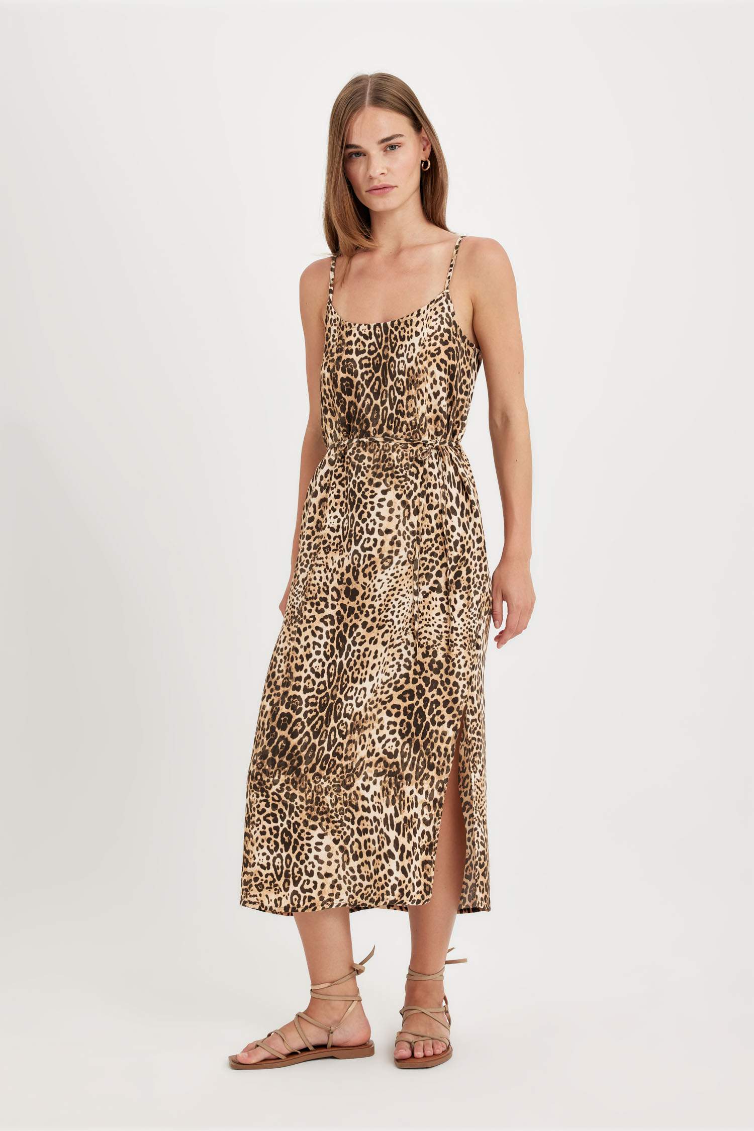 Round Collar Leopard Patterned Suspender Midi Dress