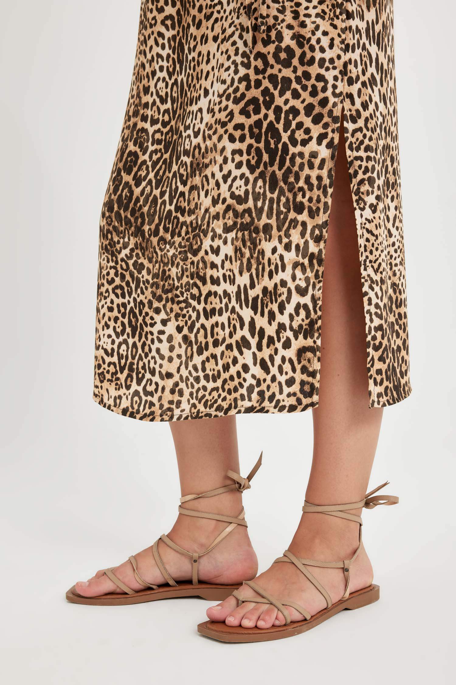 Round Collar Leopard Patterned Suspender Midi Dress