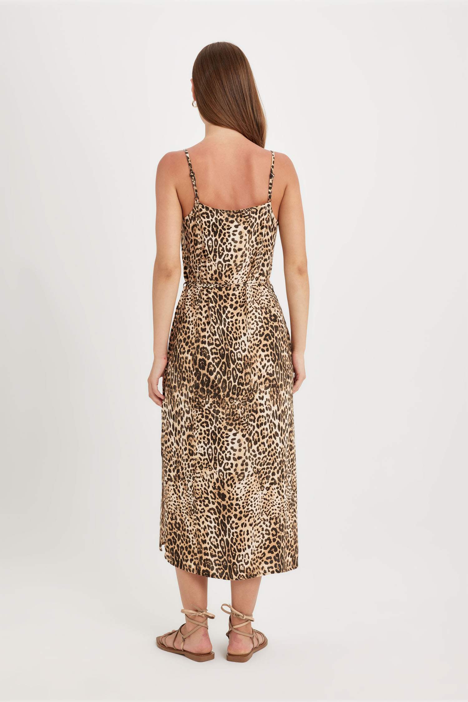 Round Collar Leopard Patterned Suspender Midi Dress