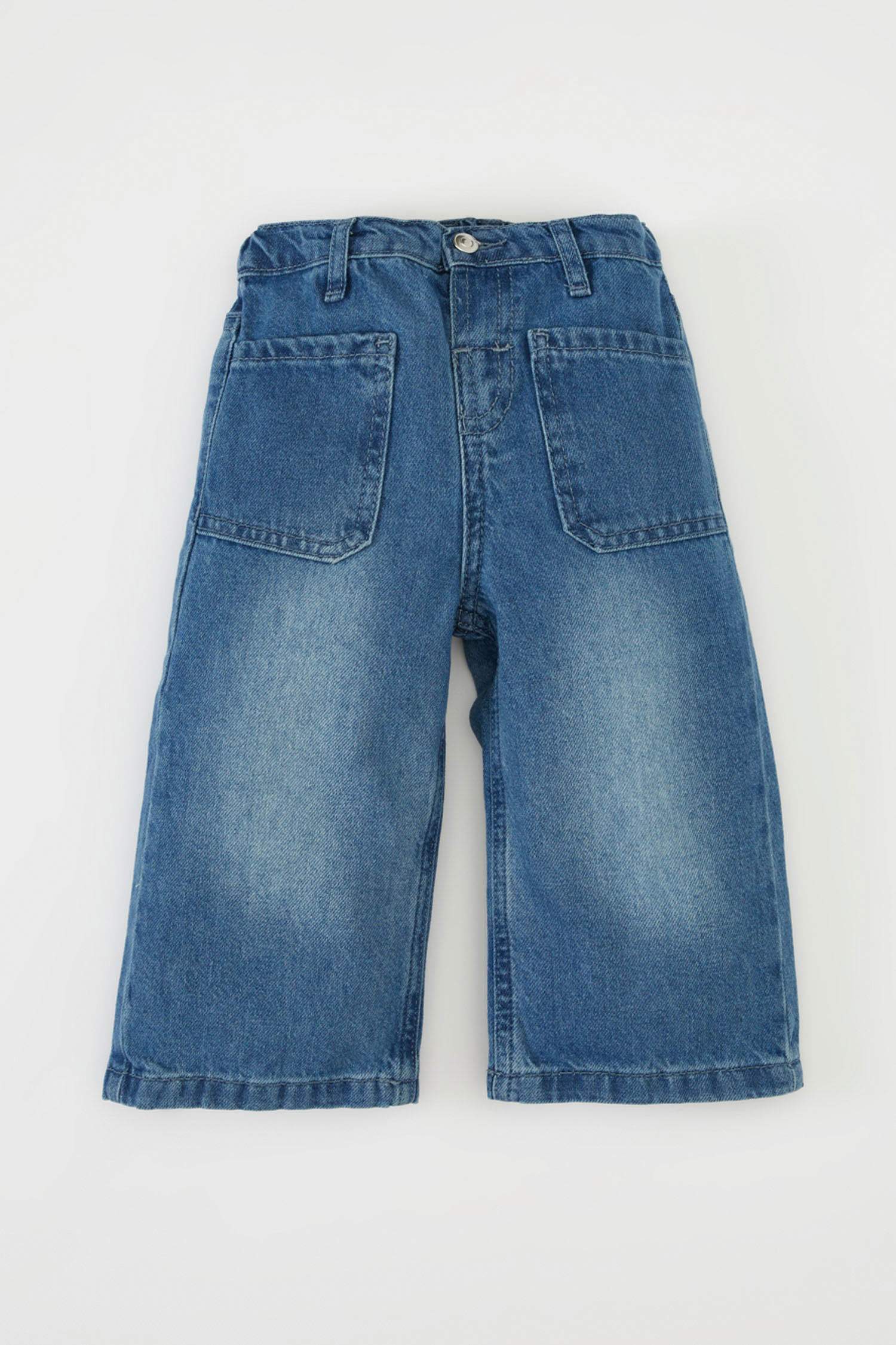 Kız Bebek Okul Esnek Bantlı Geniş Bol Paça Beli Lastikli Cepli Jean Pantolon