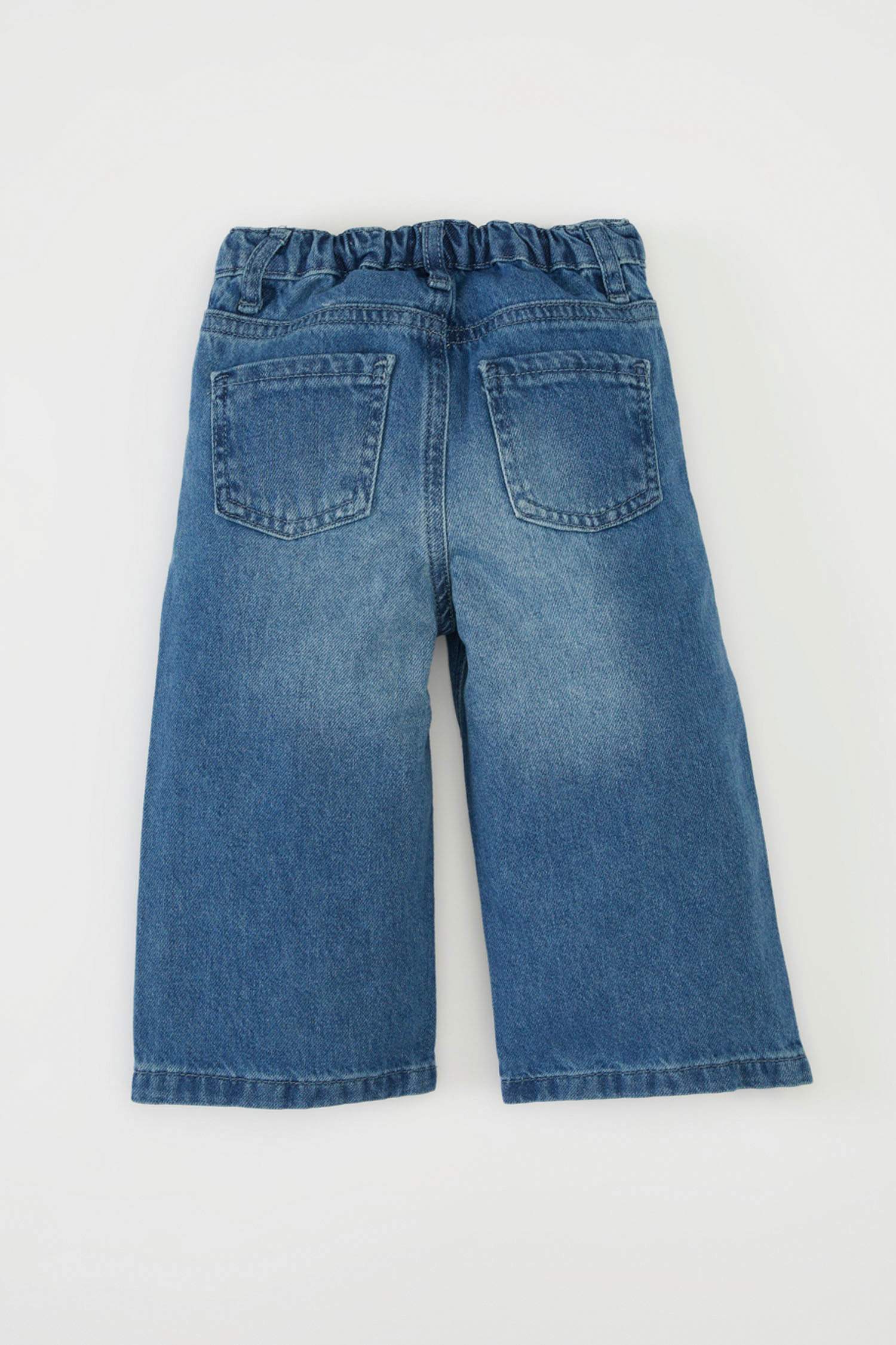 Kız Bebek Okul Esnek Bantlı Geniş Bol Paça Beli Lastikli Cepli Jean Pantolon