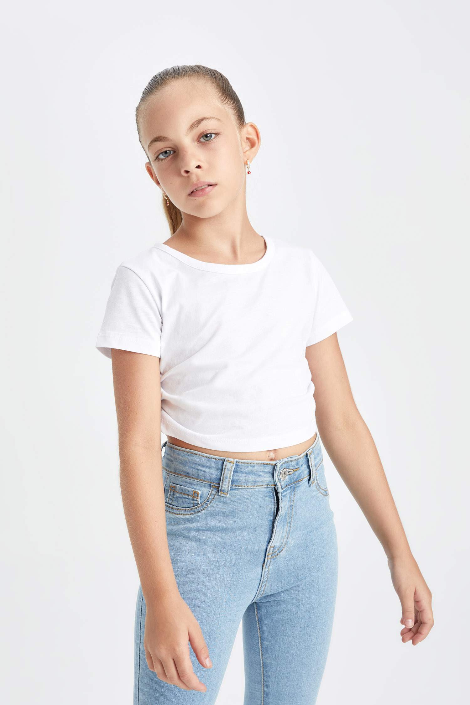 Girl Crop Crew Neck Basic T-Shirt