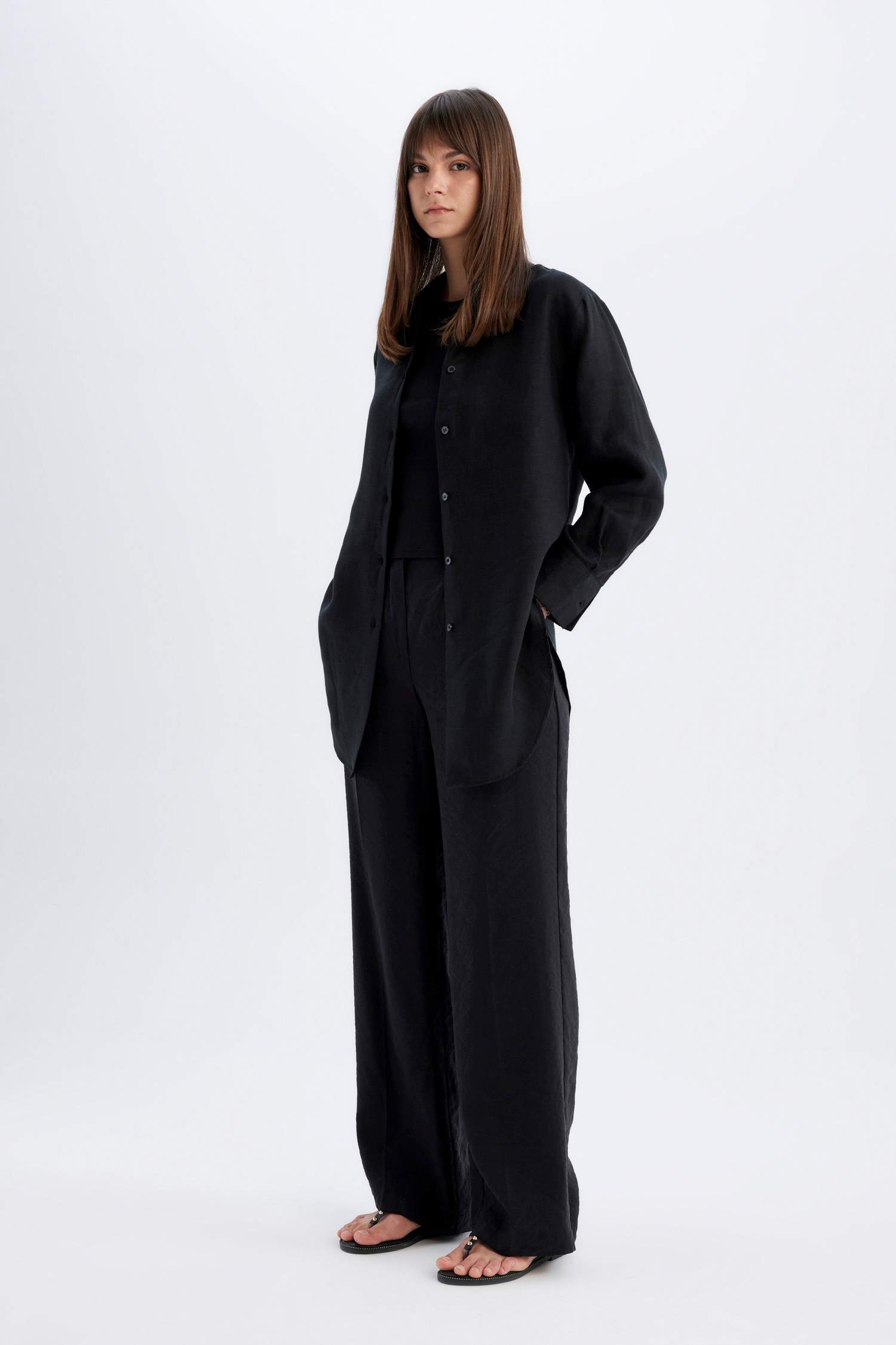 Regular Fit Keten Basic Düz Uzun Kollu Gömlek Tunik