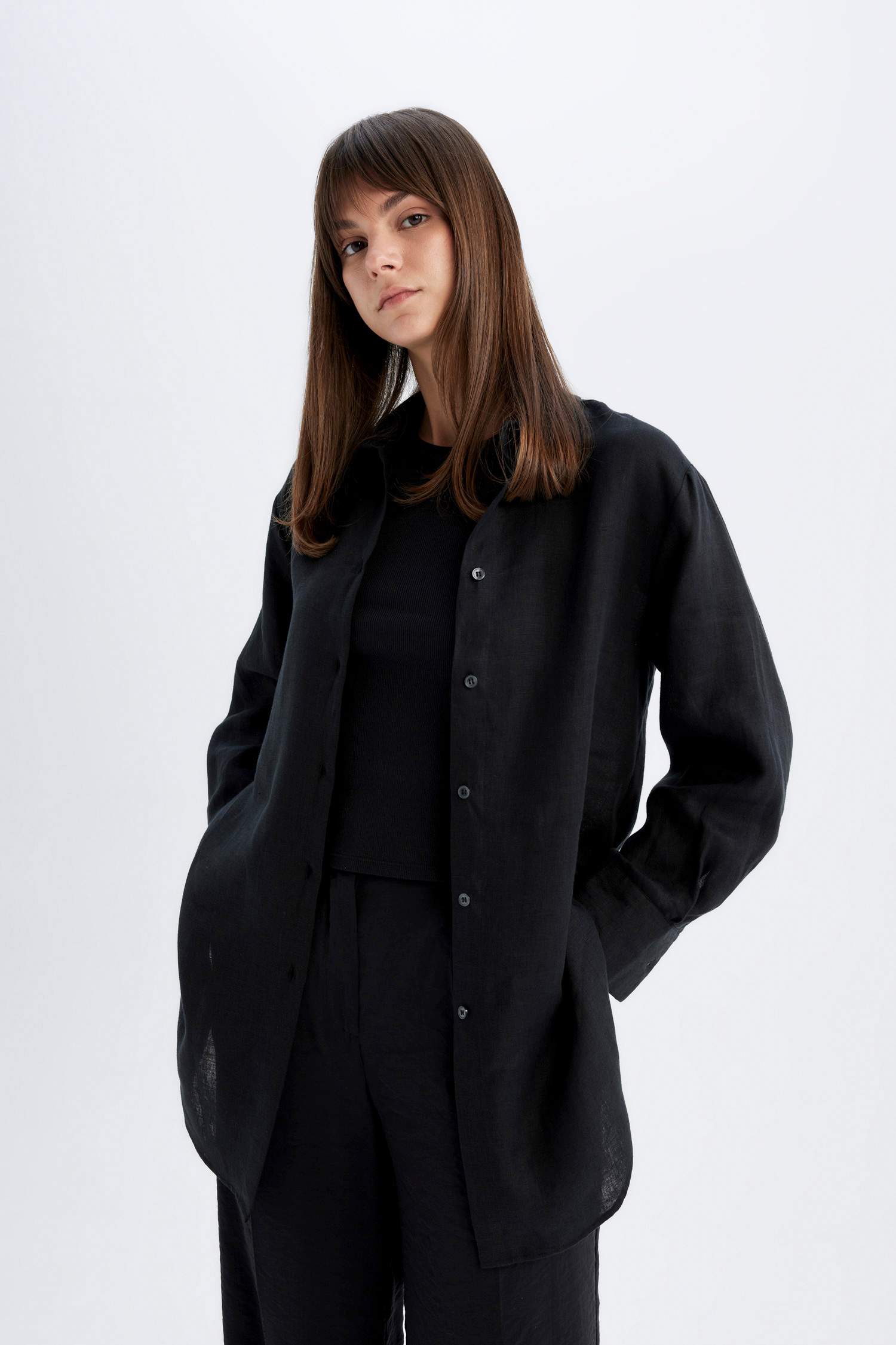 Regular Fit Keten Basic Düz Uzun Kollu Gömlek Tunik