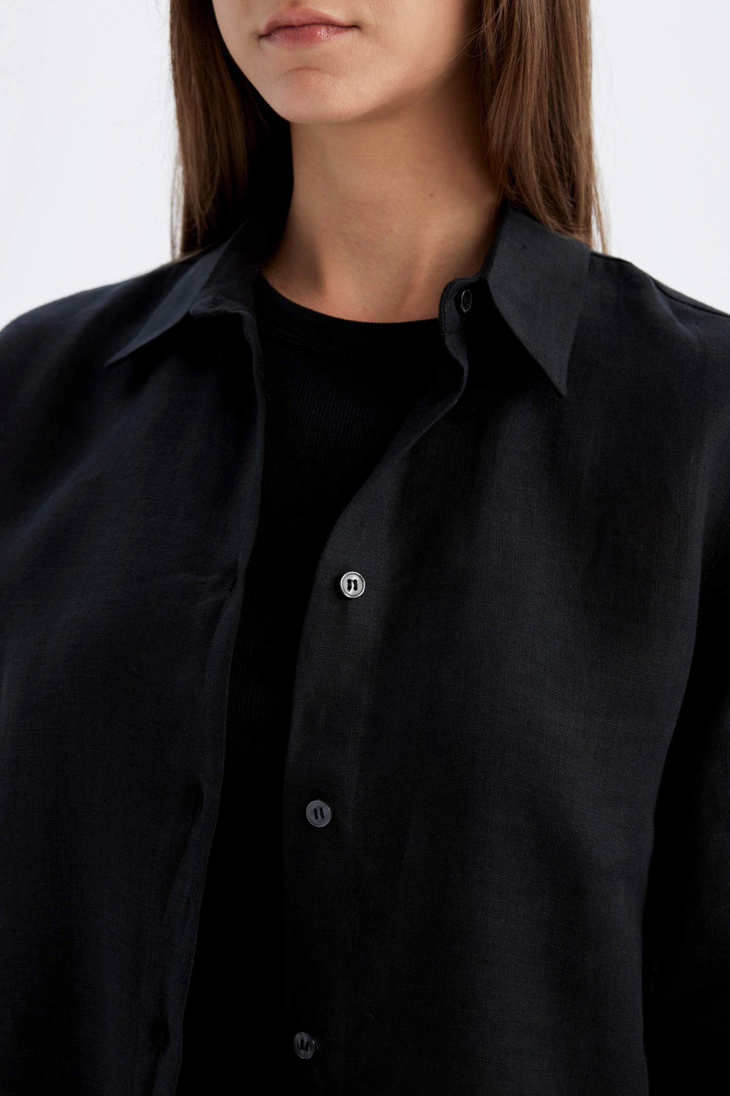 Regular Fit Keten Basic Düz Uzun Kollu Gömlek Tunik