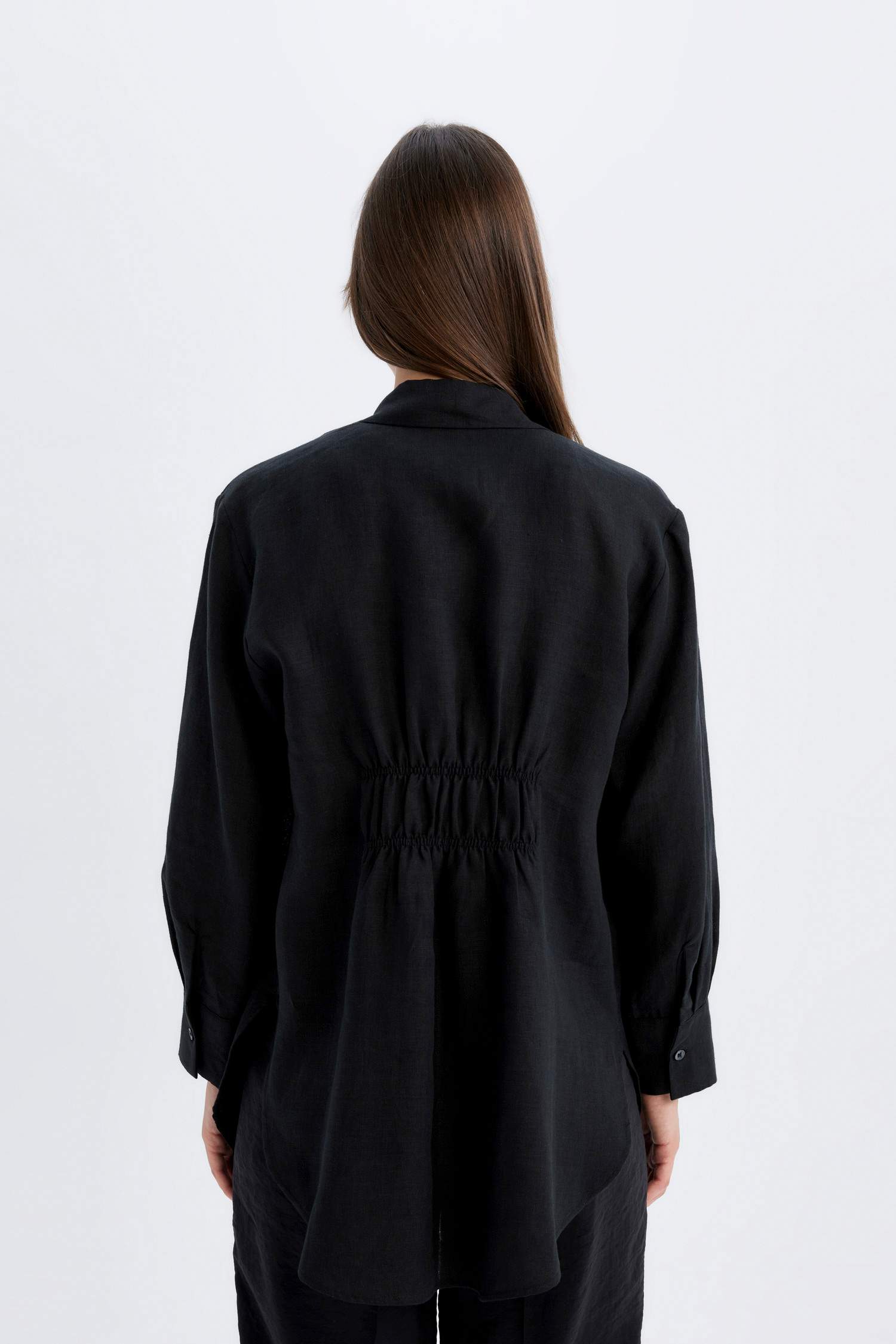 Regular Fit Keten Basic Düz Uzun Kollu Gömlek Tunik